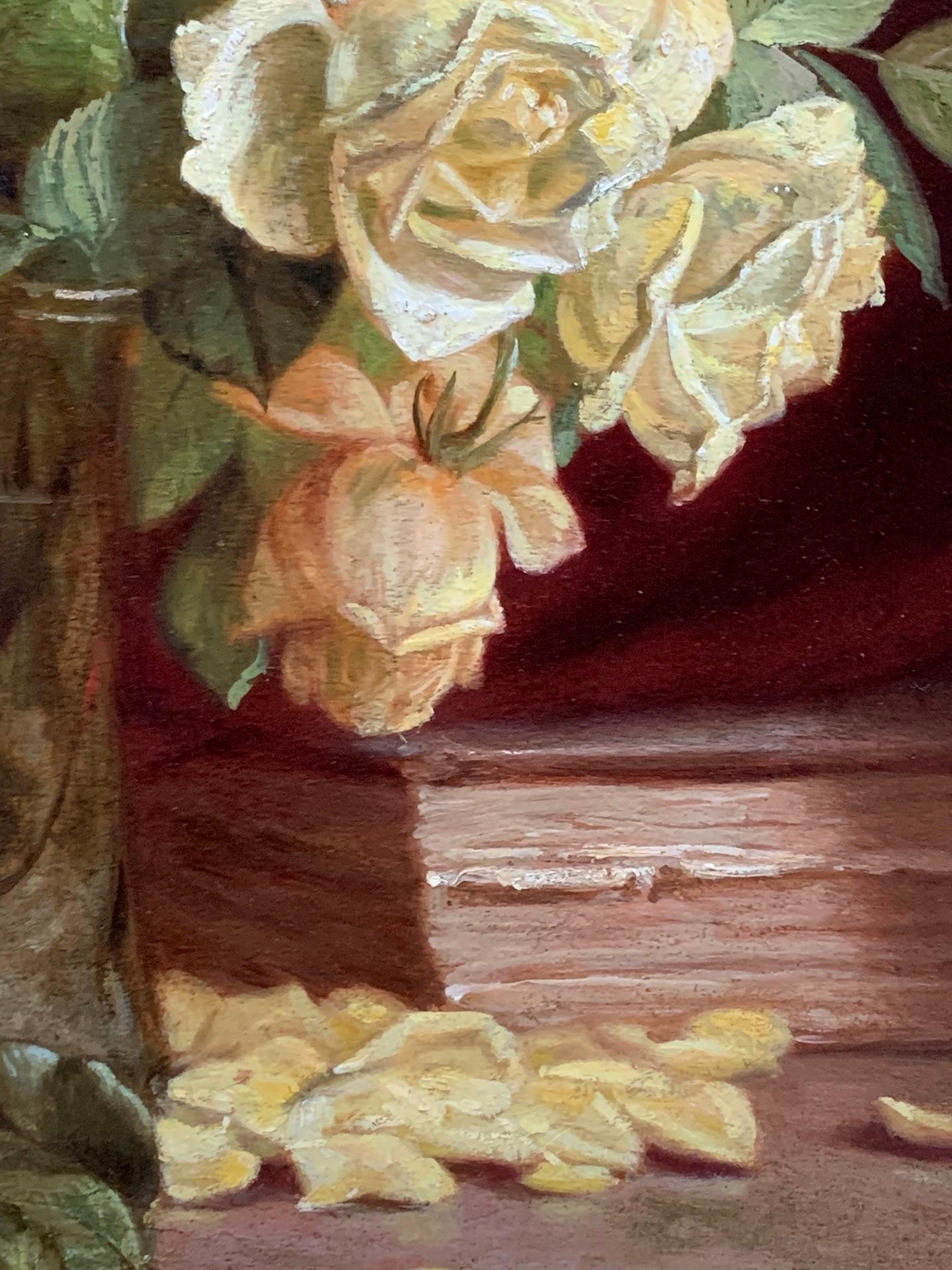 English 19th century Antique Still life of Yellow Roses/flowers in an interior 1