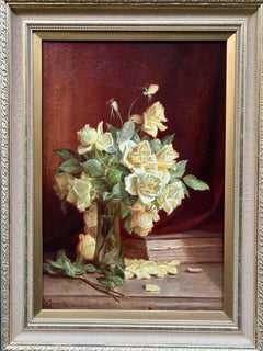 English 19th century Antique Still life of Yellow Roses/flowers in an interior