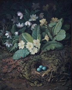 Still Life of Birds Nest with Primroses - British 19th century art oil painting