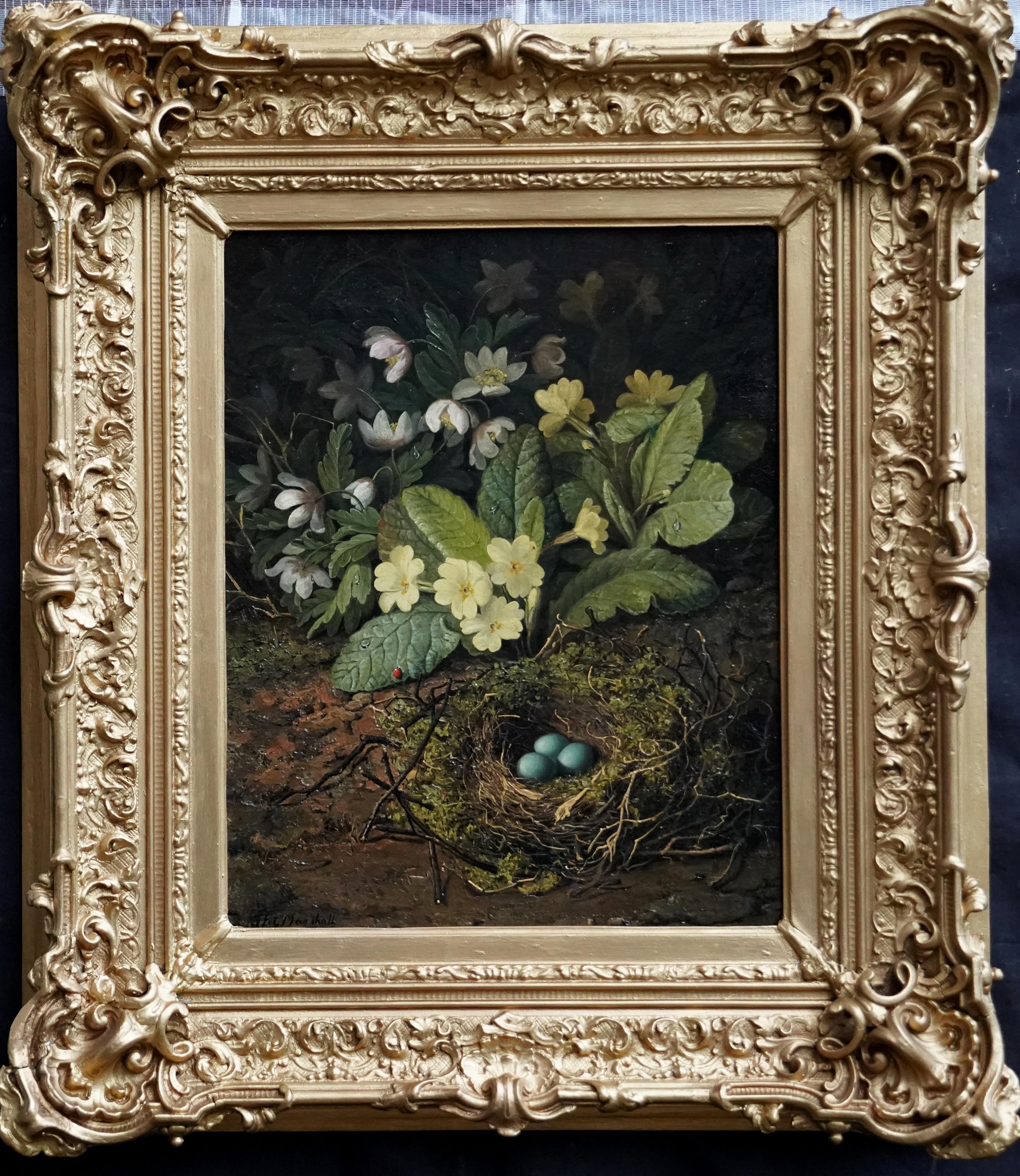 John Fitz Marshall Still-Life Painting - Still Life of Birds Nest with Primroses - British 19th century art oil painting
