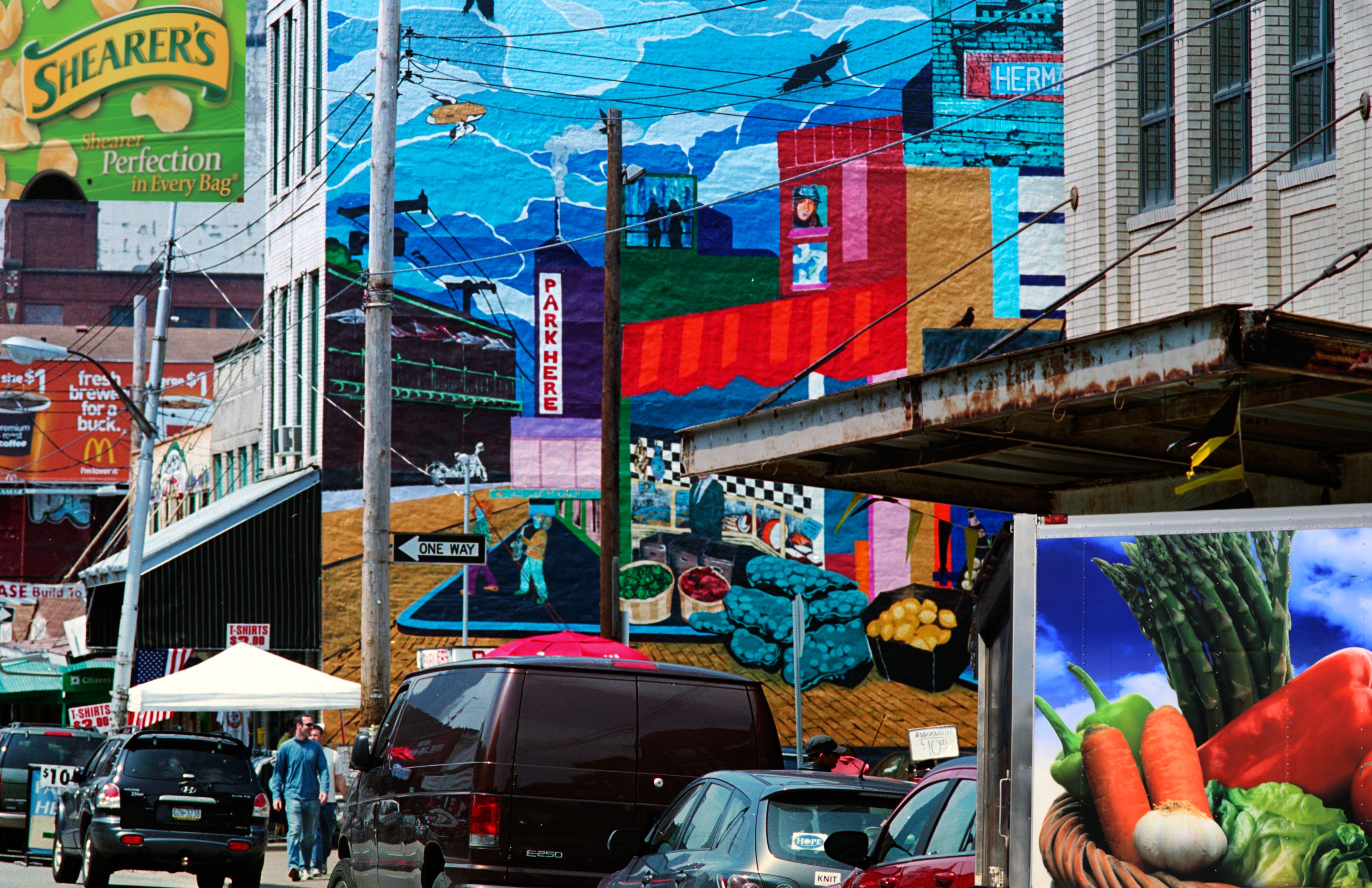 John Flatz Color Photograph - Strip District Mural and Signs, Photograph, Archival Ink Jet