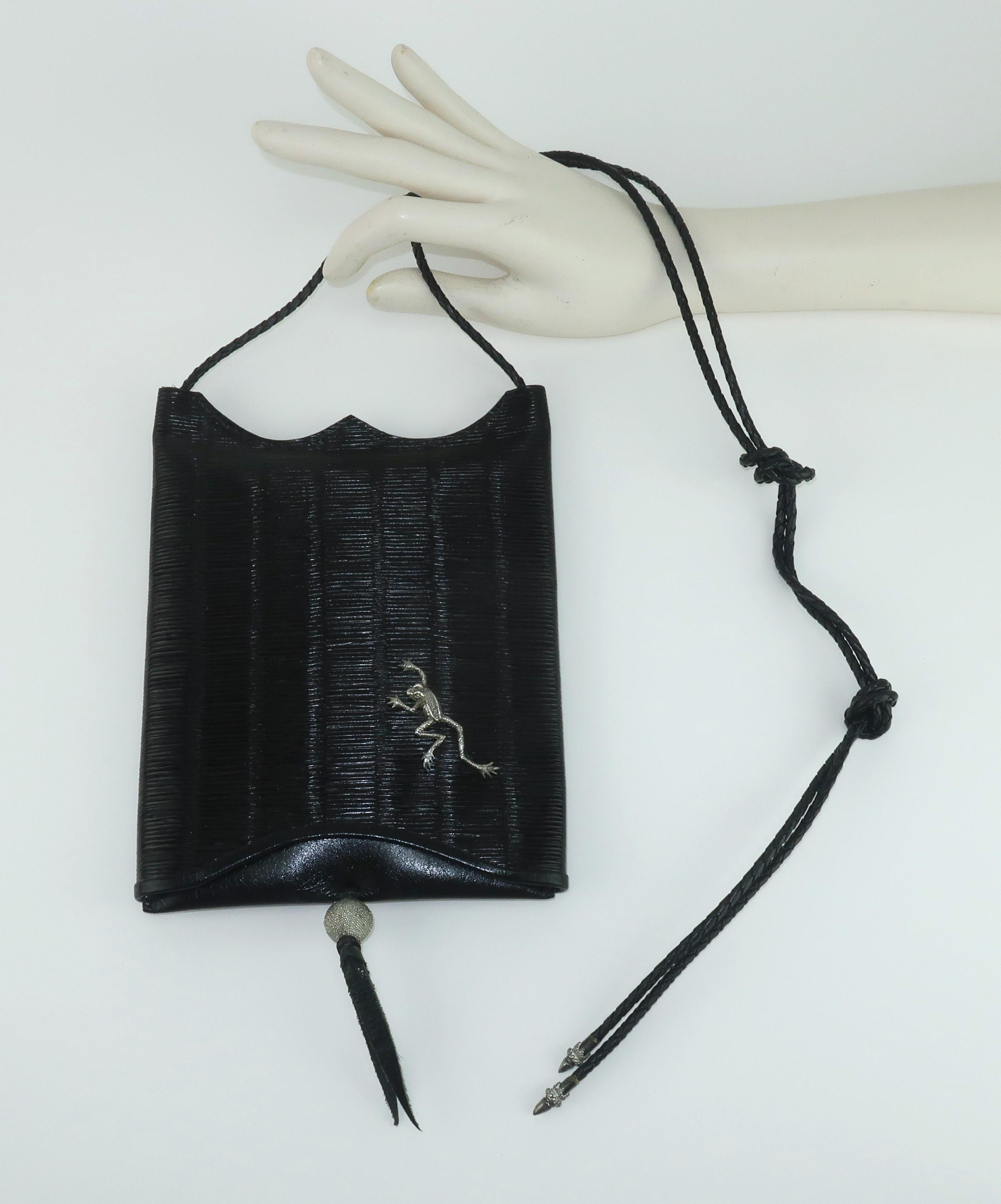 JOHN FLEMMING Black Leather Slip Top Handbag With Sterling Silver Frog Detail For Sale 9