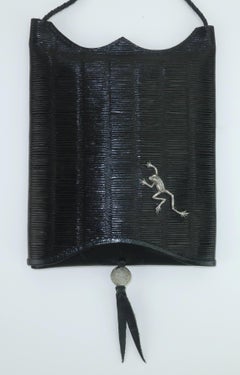 JOHN FLEMMING Black Leather Slip Top Handbag With Sterling Silver Frog Detail