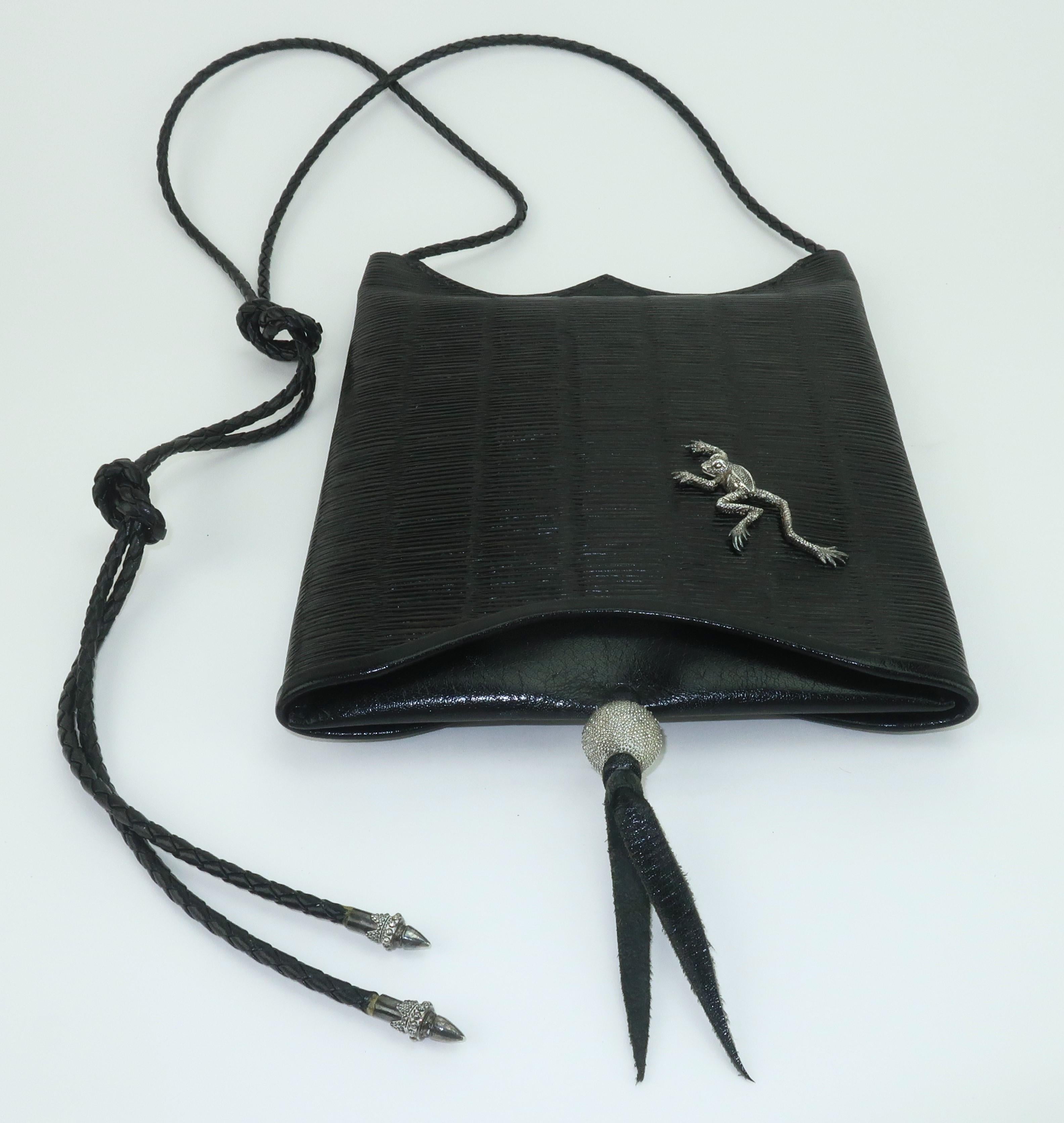JOHN FLEMMING Black Leather Slip Top Handbag With Sterling Silver Frog Detail For Sale 1