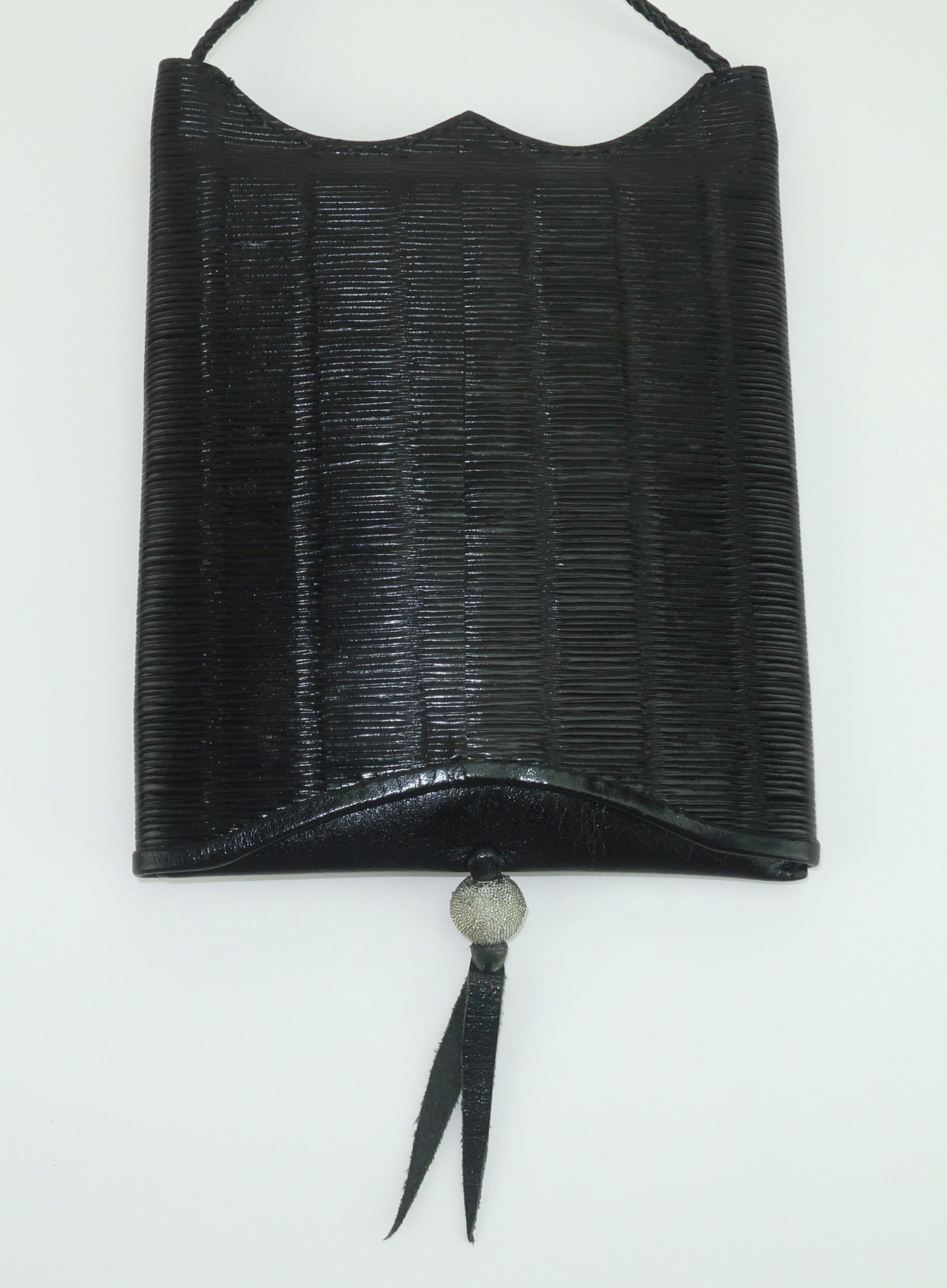 JOHN FLEMMING Black Leather Slip Top Handbag With Sterling Silver Frog Detail For Sale 2