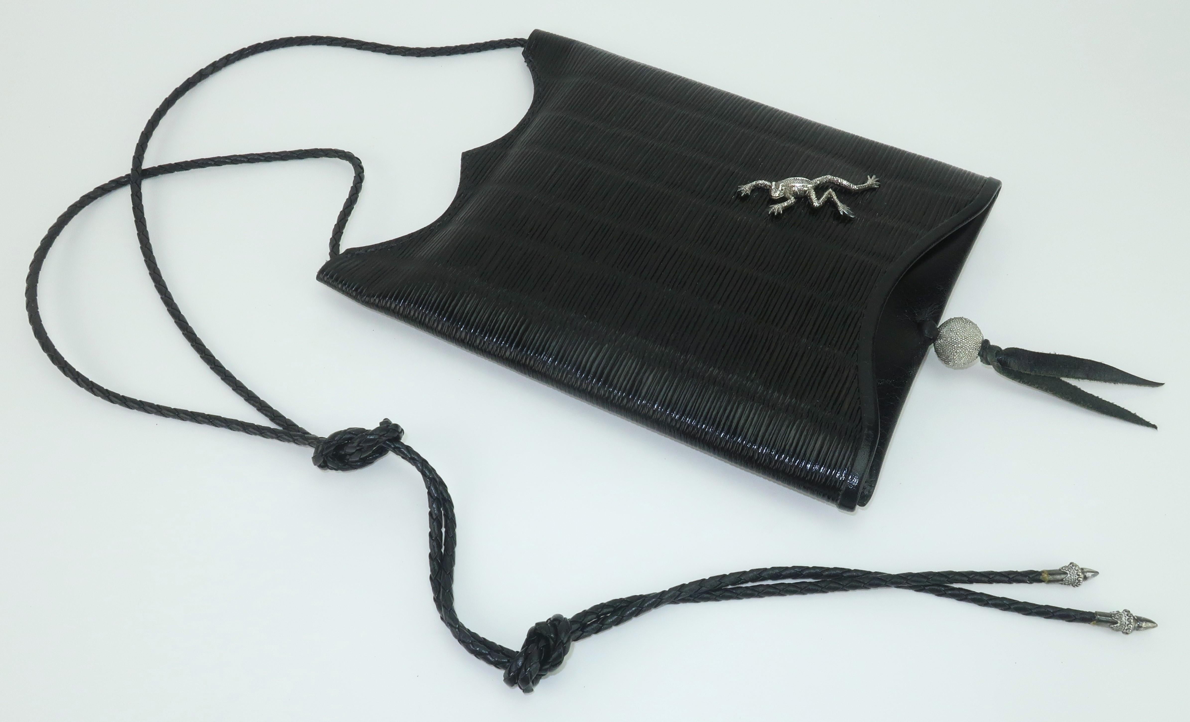 JOHN FLEMMING Black Leather Slip Top Handbag With Sterling Silver Frog Detail For Sale 3