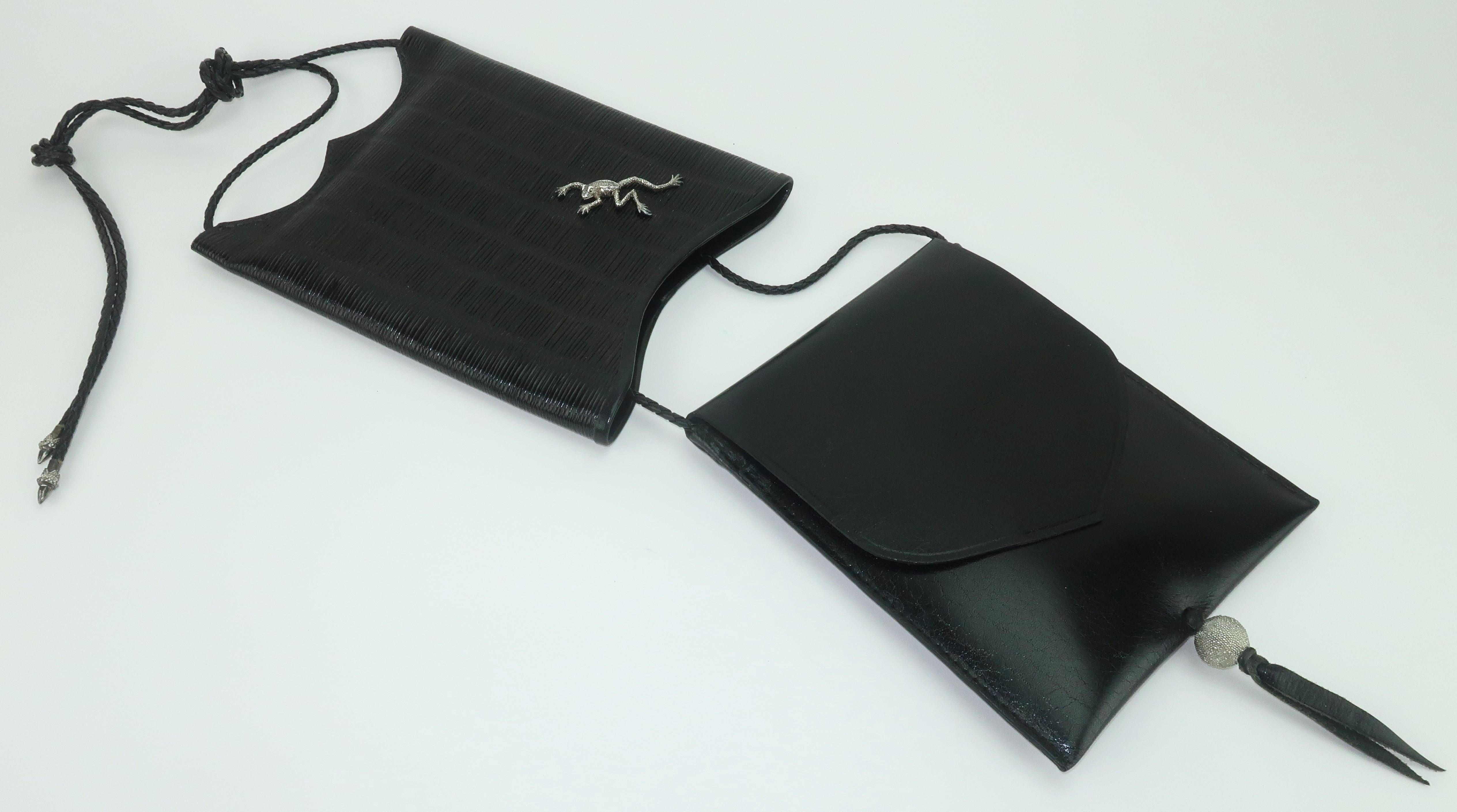 JOHN FLEMMING Black Leather Slip Top Handbag With Sterling Silver Frog Detail For Sale 5