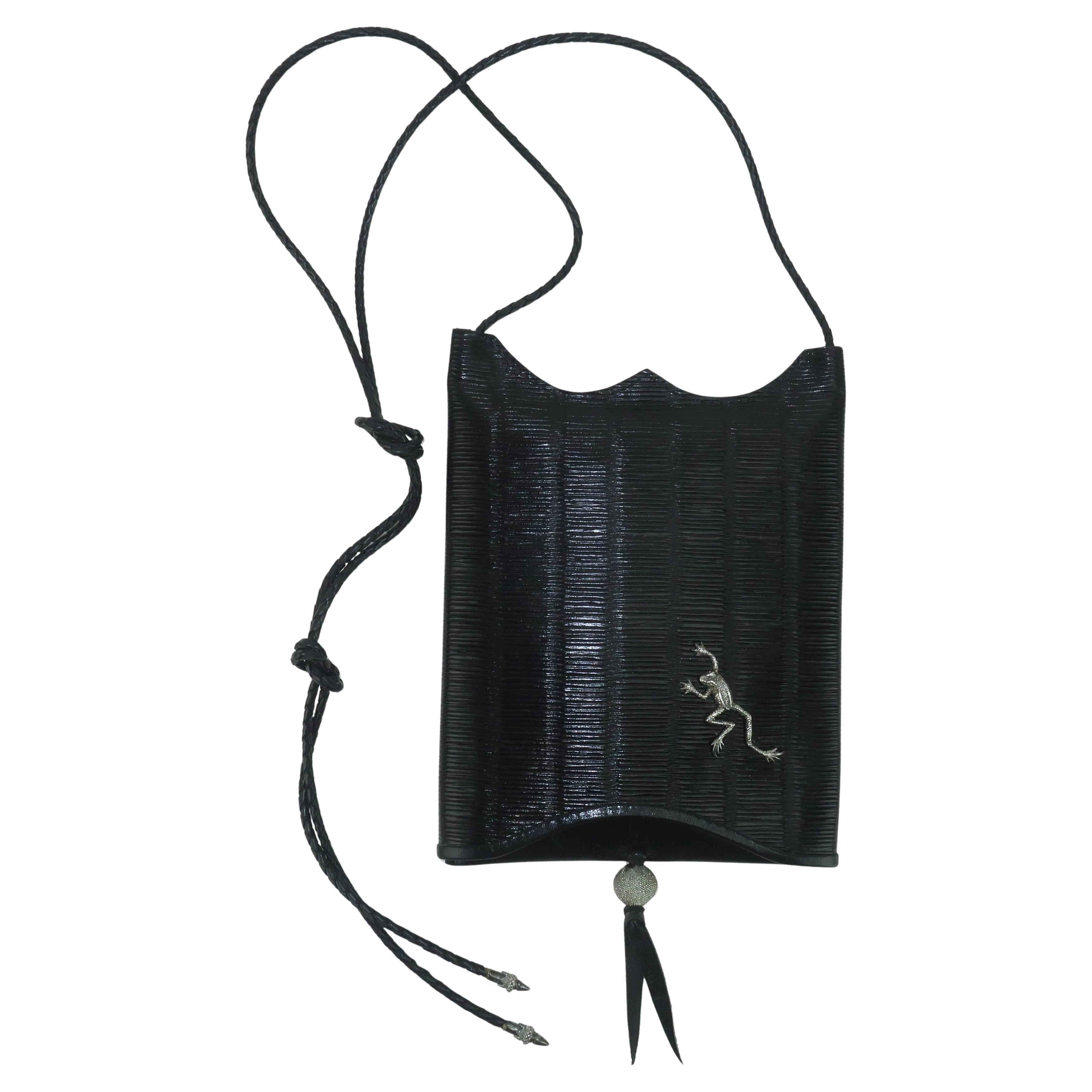 JOHN FLEMMING Black Leather Slip Top Handbag With Sterling Silver Frog Detail For Sale