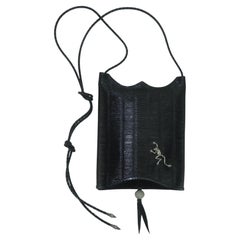 JOHN FLEMMING Black Leather Slip Top Handbag With Sterling Silver Frog Detail