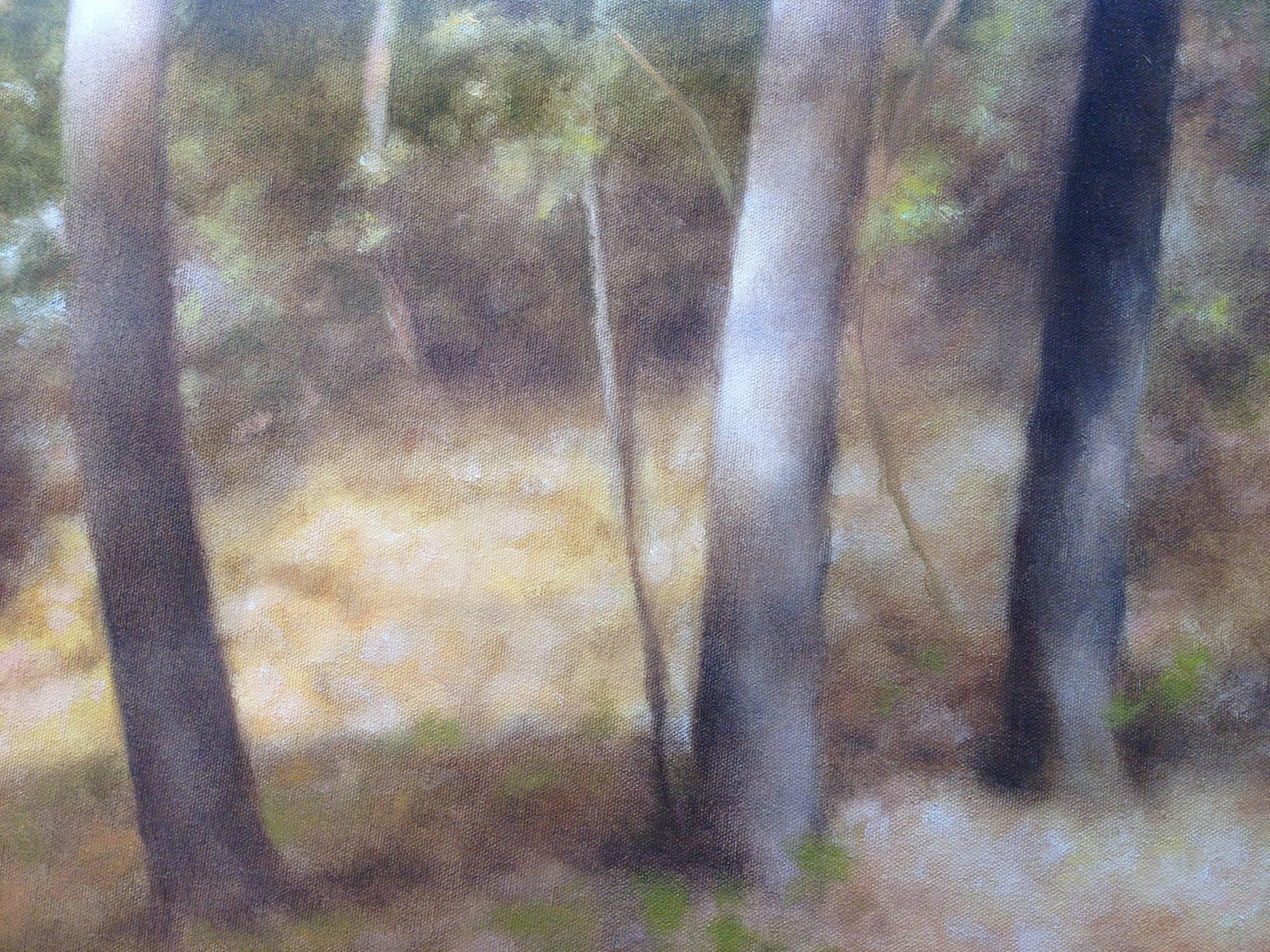 Rest for a moment beside these peaceful trees, at the edge of the wood, with the lake beyond. Folchi uses soft greens, grey, and gold to paint the serene, idyllic vignette. 
John Folchi was born in the Bronx and studied at the Art Students League in