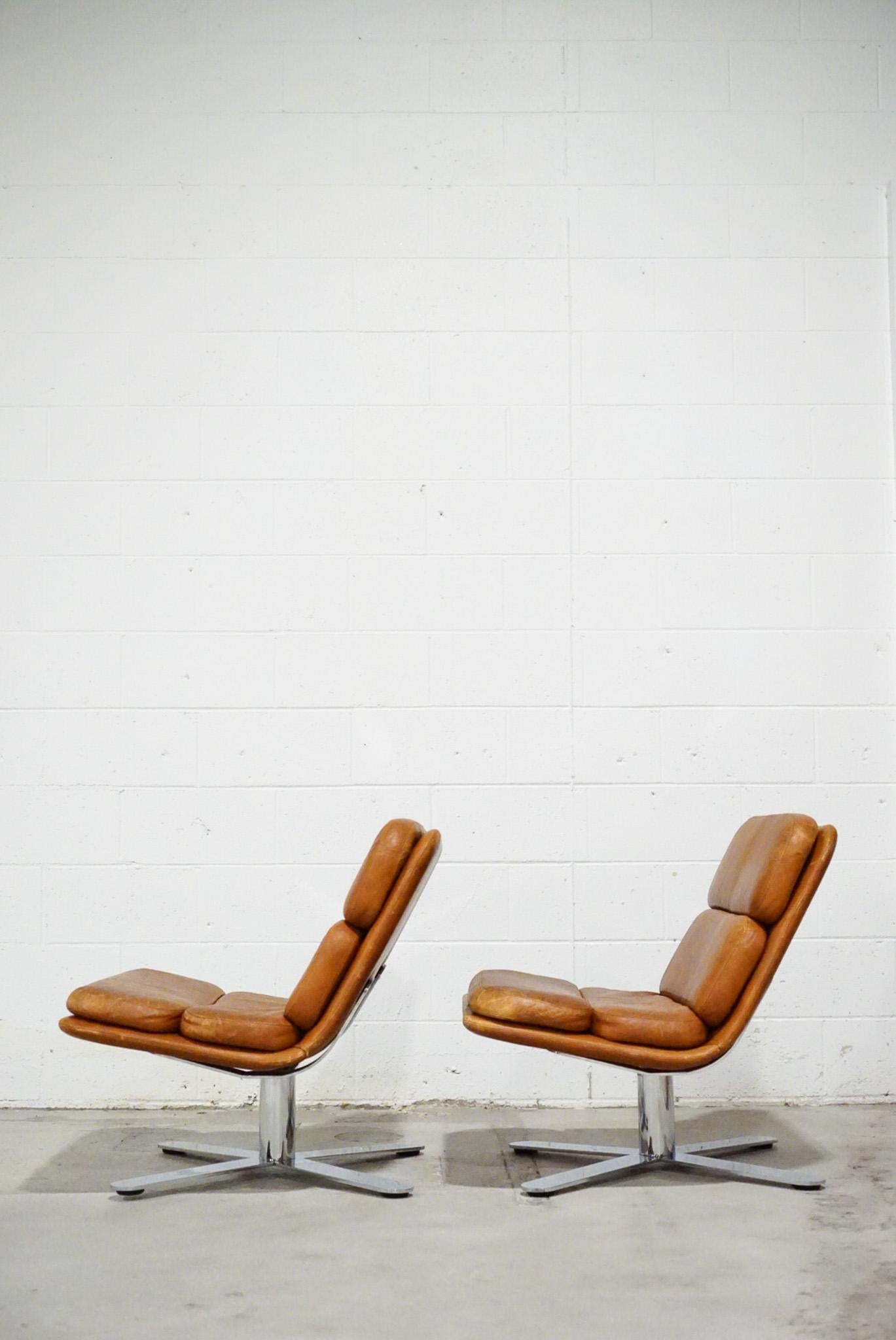 Post-Modern John Follis Pair of Patinated Leather Lounge Chairs, 1970s California