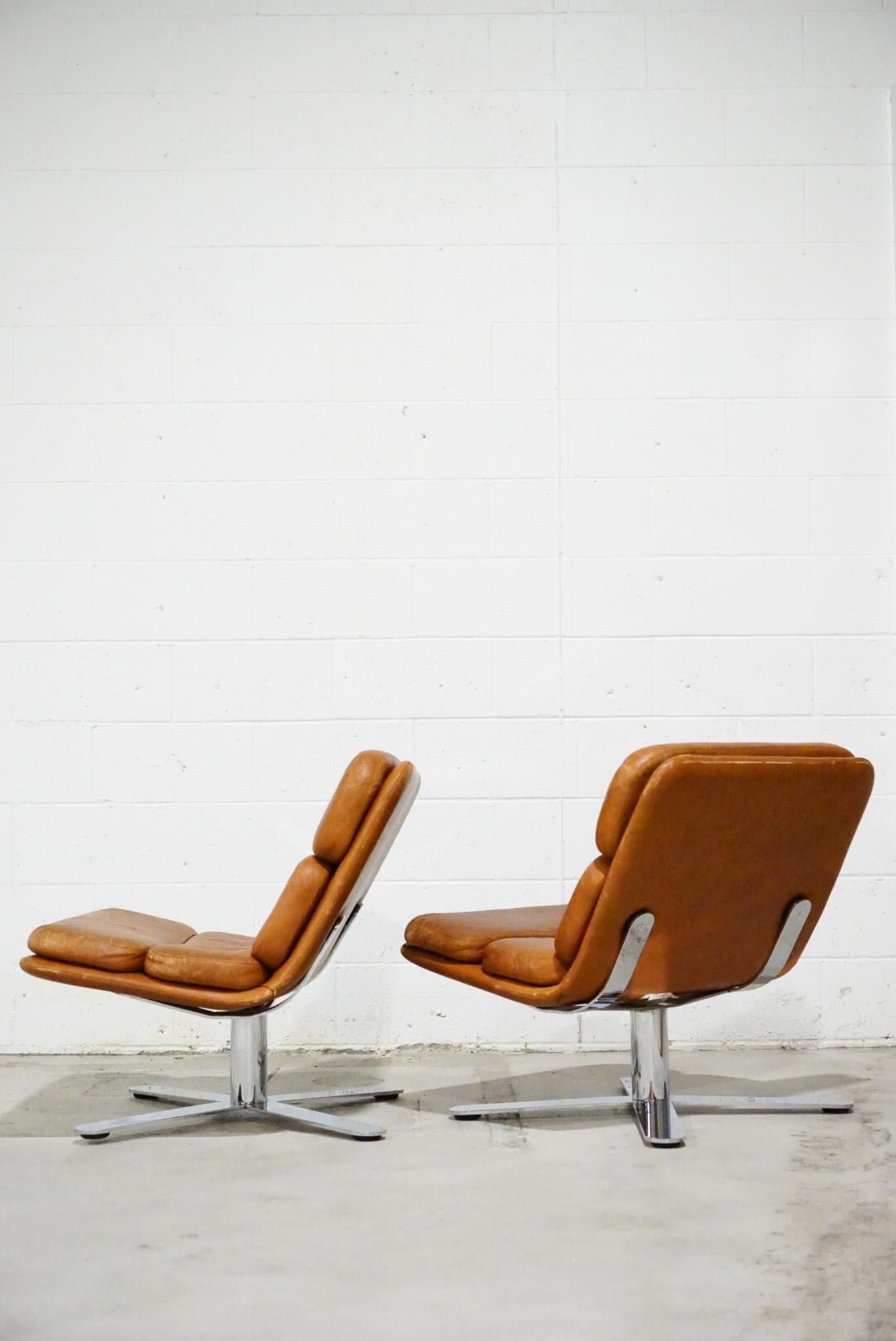 American John Follis Pair of Patinated Leather Lounge Chairs, 1970s California
