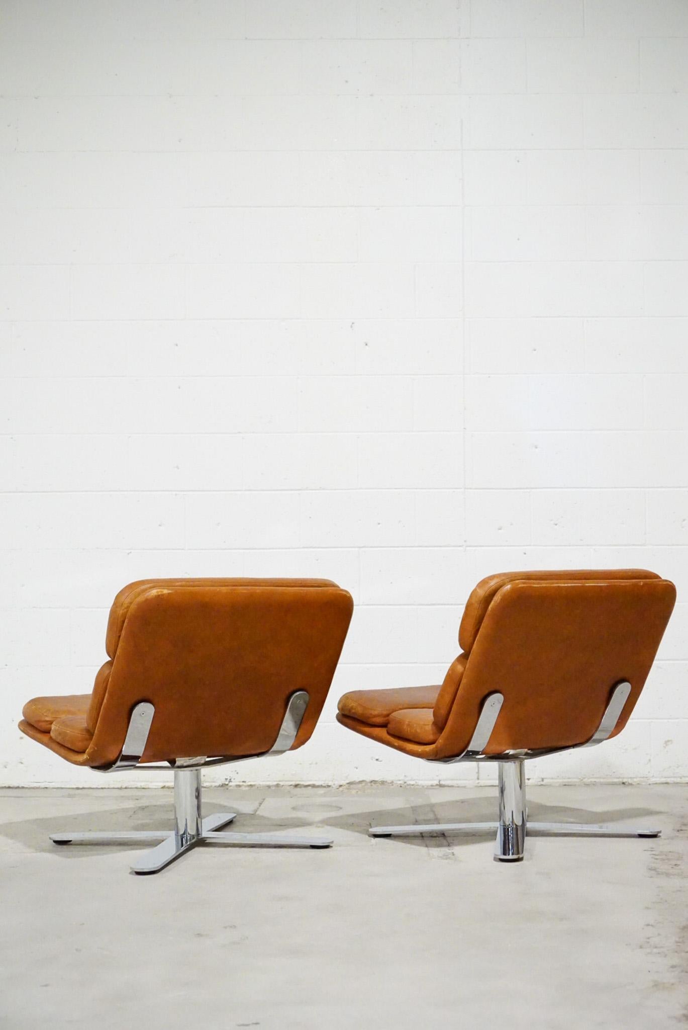Hand-Crafted John Follis Pair of Patinated Leather Lounge Chairs, 1970s California