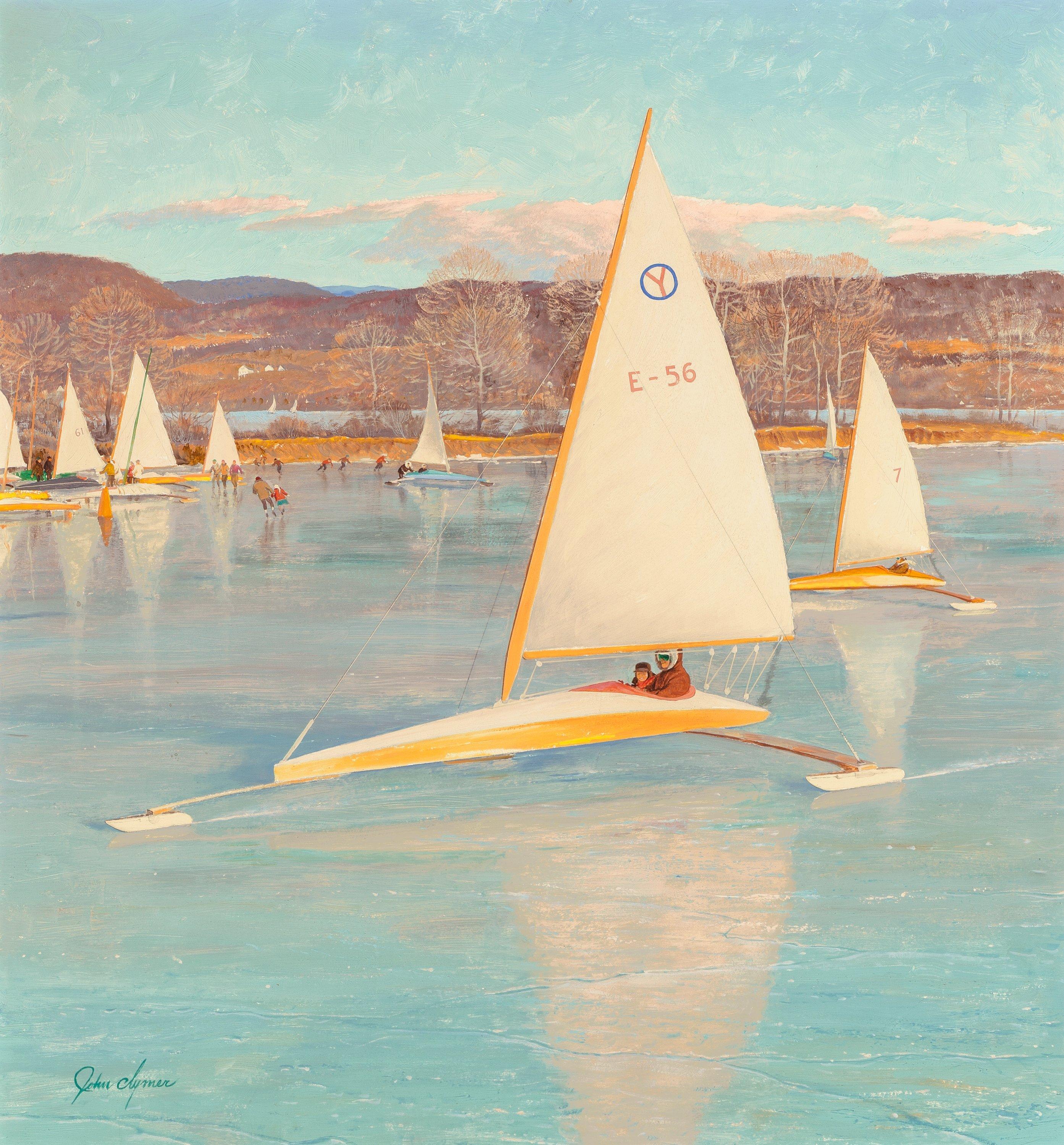 John Ford Clymer Landscape Painting - Ice Boating, Saturday Evening Post cover, November 28, 1959