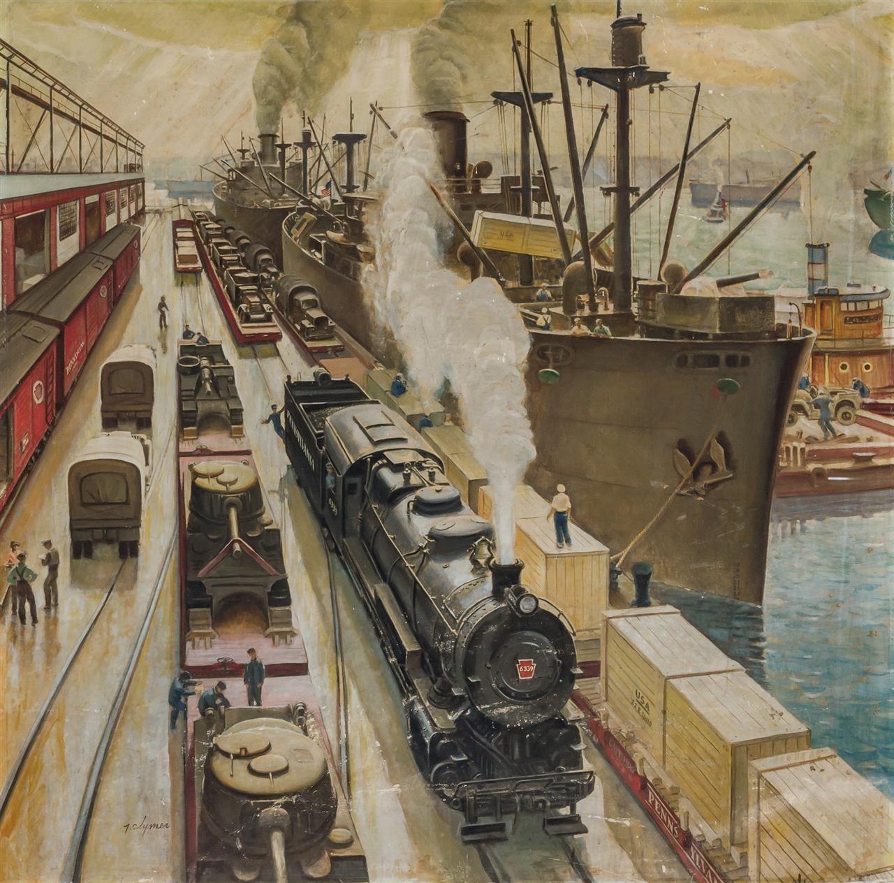 John Ford Clymer Landscape Painting - Keeping Appointments with Convoys, Pennsylvania Railroad, 1943