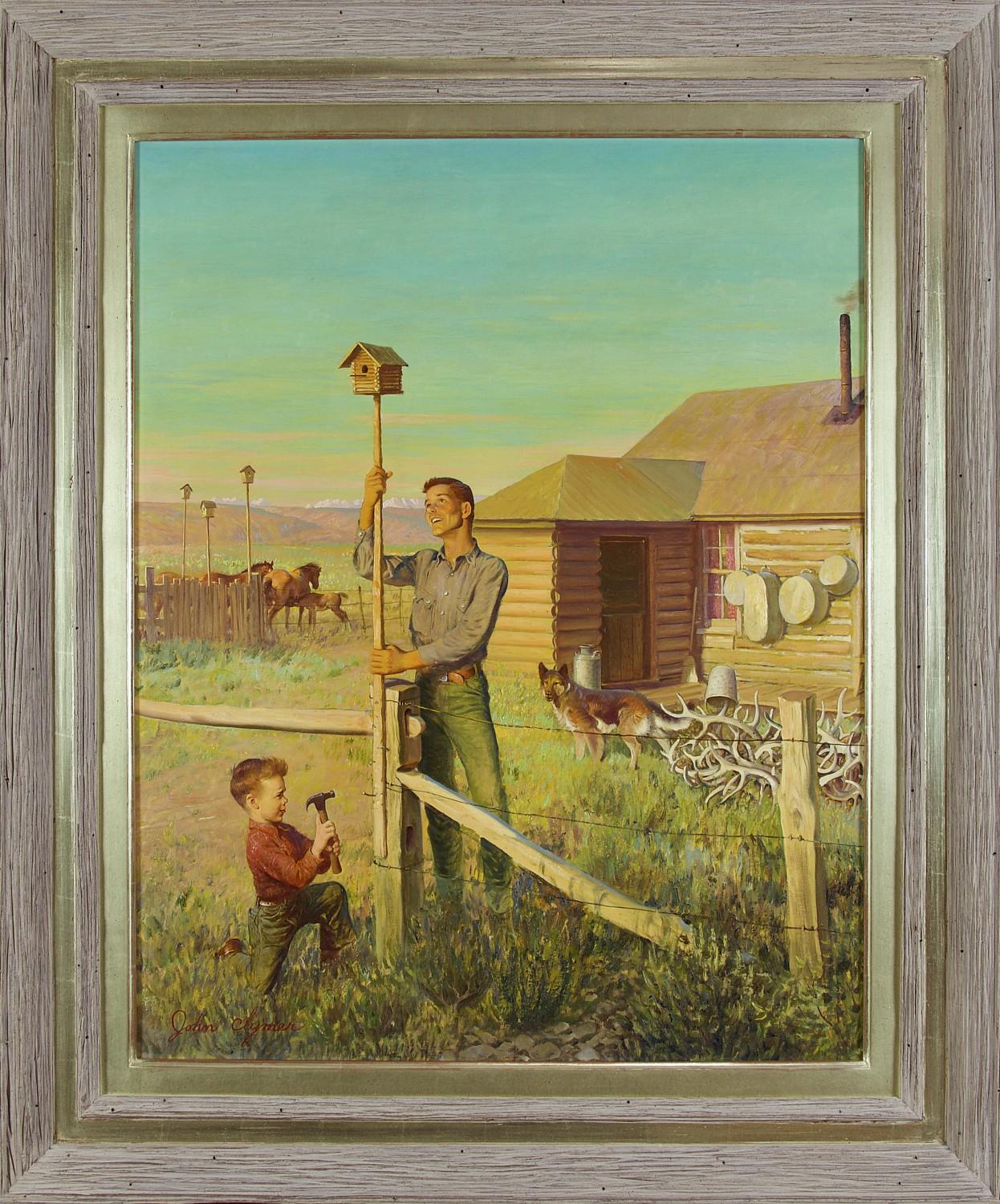 Putting Up Birdhouses, couverture originale du Saturday Evening Post - Painting de John Ford Clymer