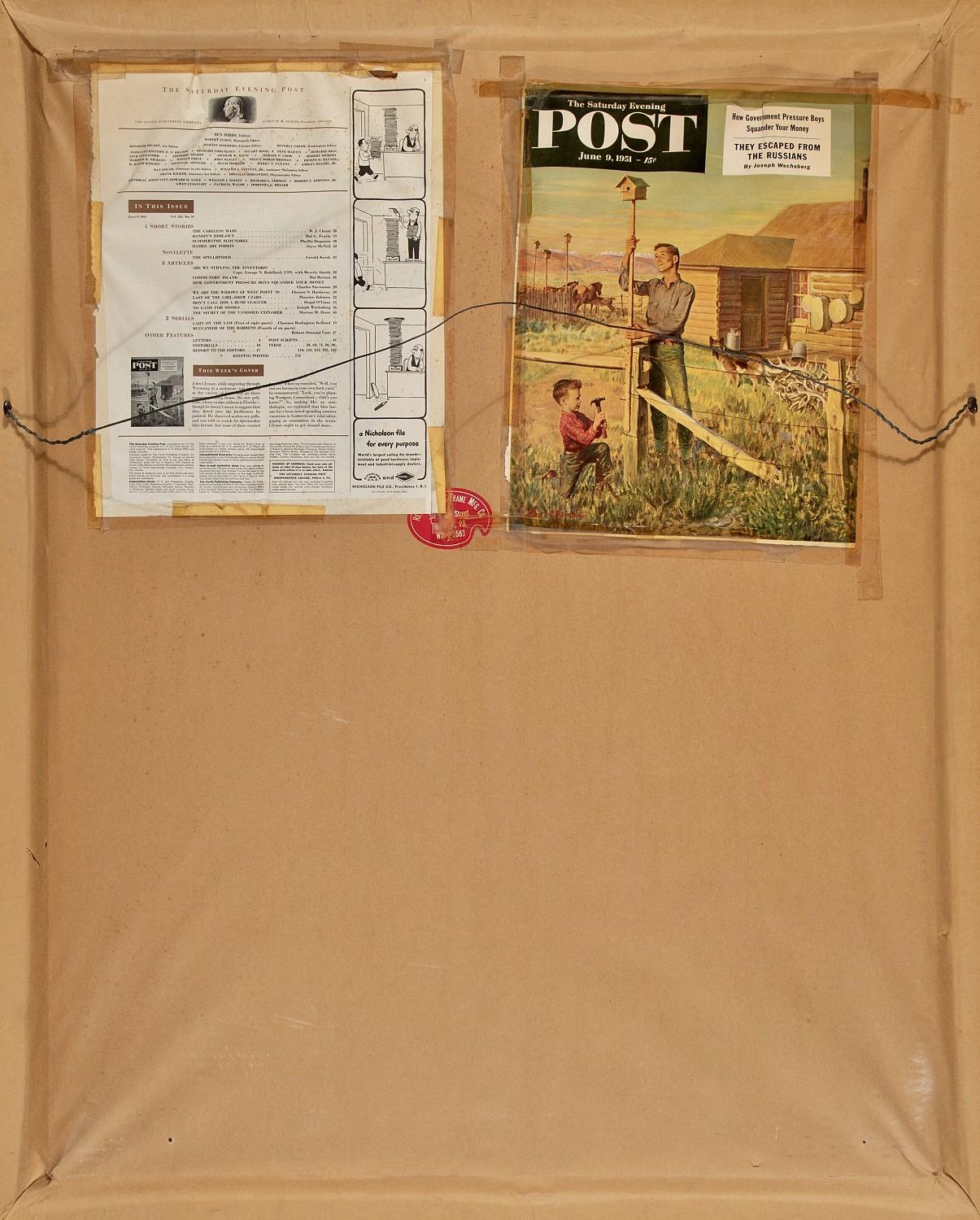 Putting Up Birdhouses, couverture originale du Saturday Evening Post - Réalisme américain Painting par John Ford Clymer