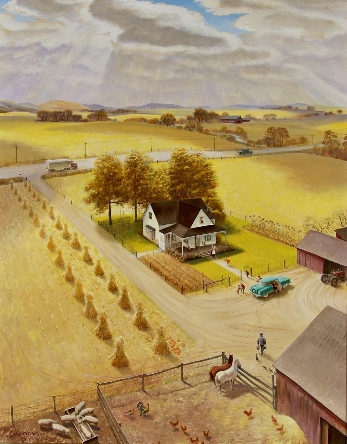 John Ford Clymer Landscape Painting - "So it’s off to Grandma’s for Turkey Day—oh, boy!" Thanksgiving Post Cover