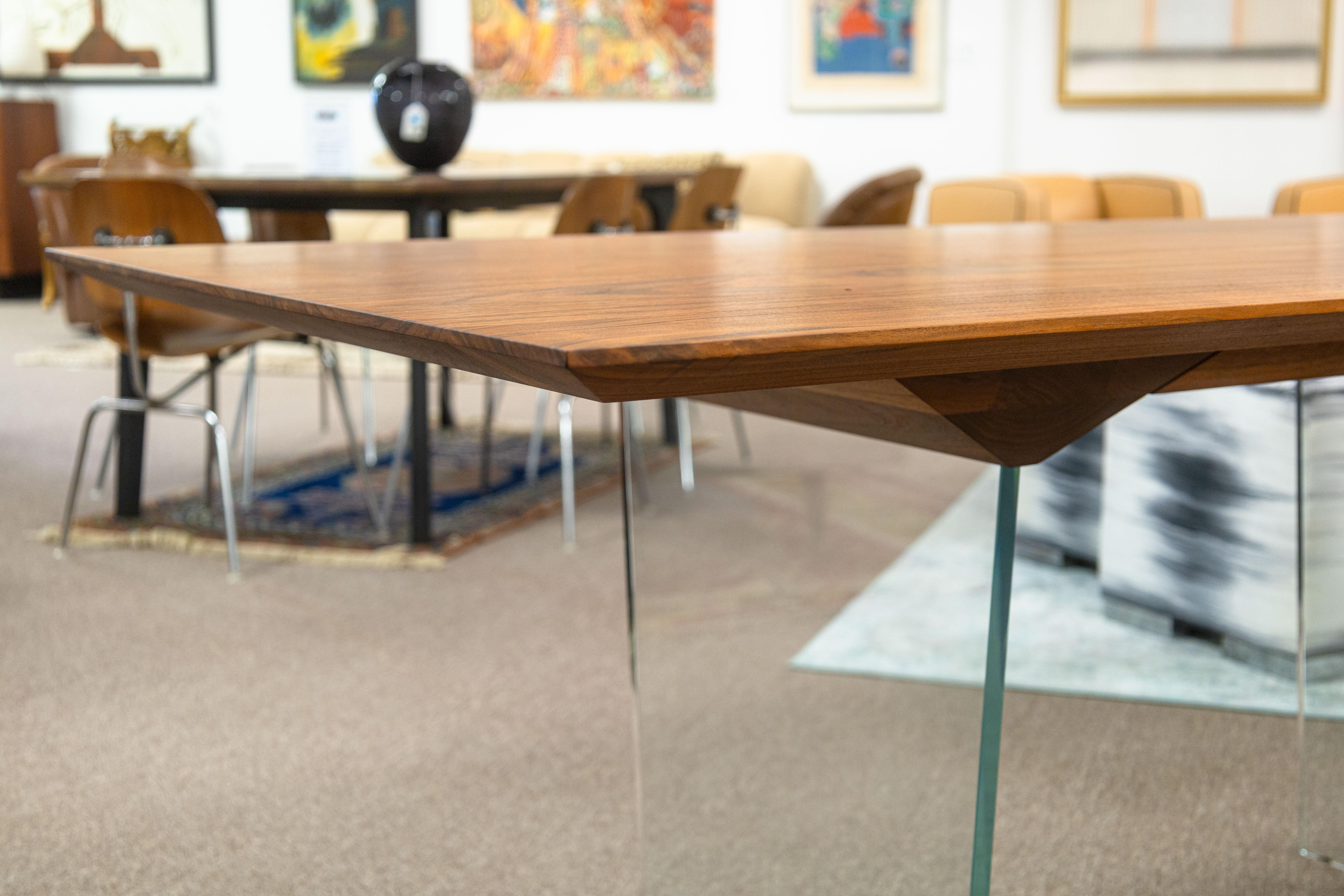 John Ford Custom Made Contemporary Modern Glass Base Slab Wood Desk In Good Condition For Sale In Keego Harbor, MI