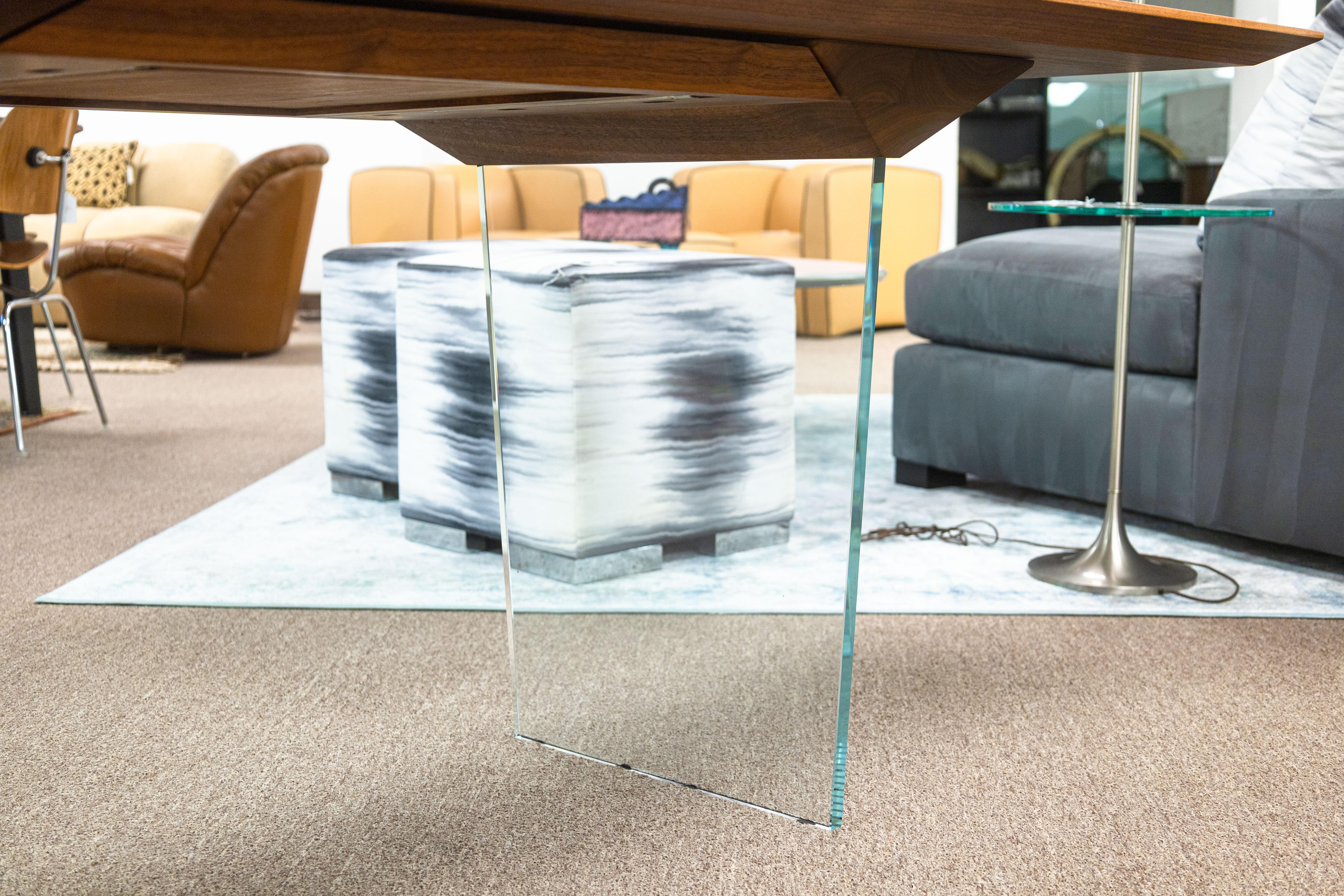 20th Century John Ford Custom Made Contemporary Modern Glass Base Slab Wood Desk For Sale
