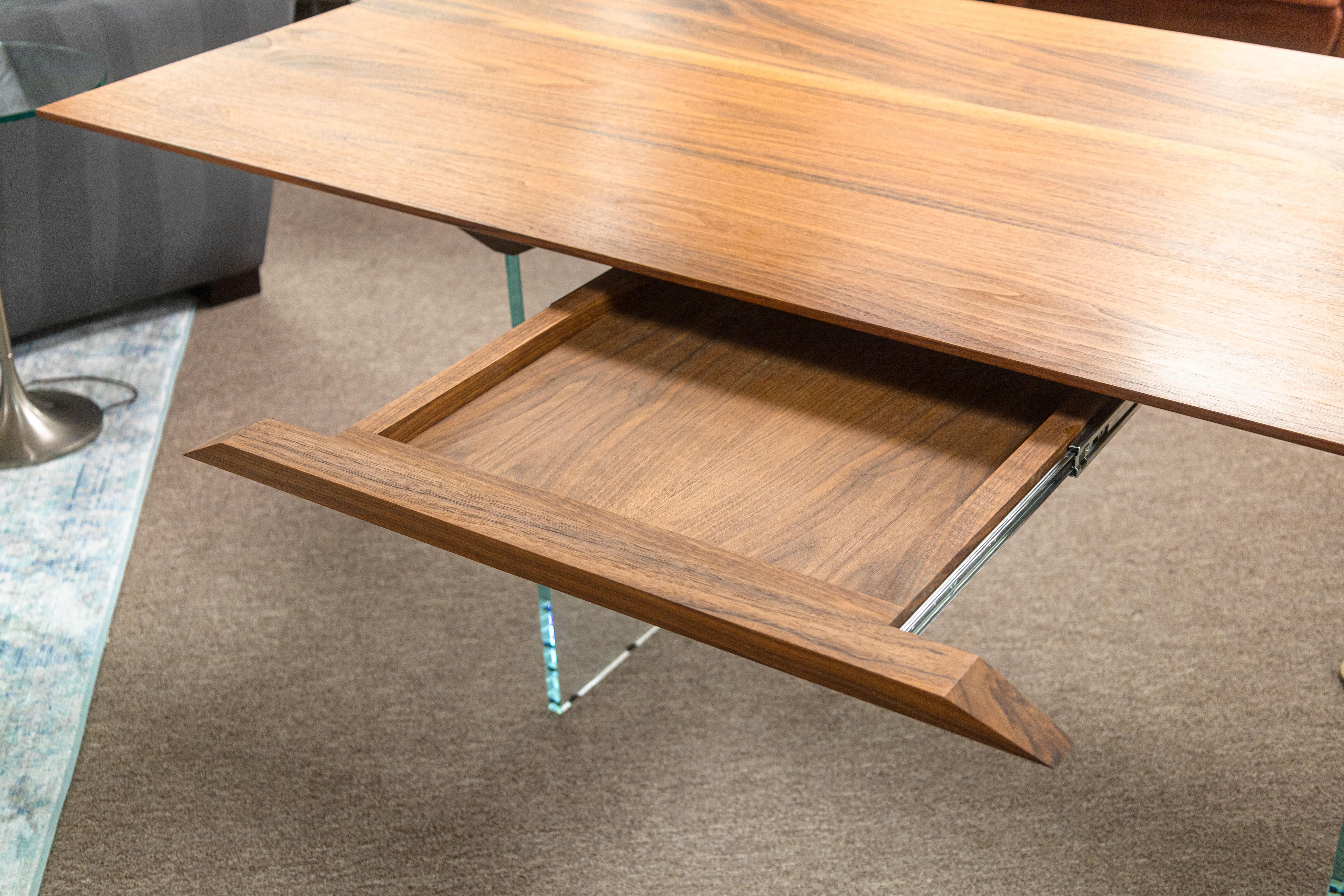 John Ford Custom Made Contemporary Modern Glass Base Slab Wood Desk For Sale 1