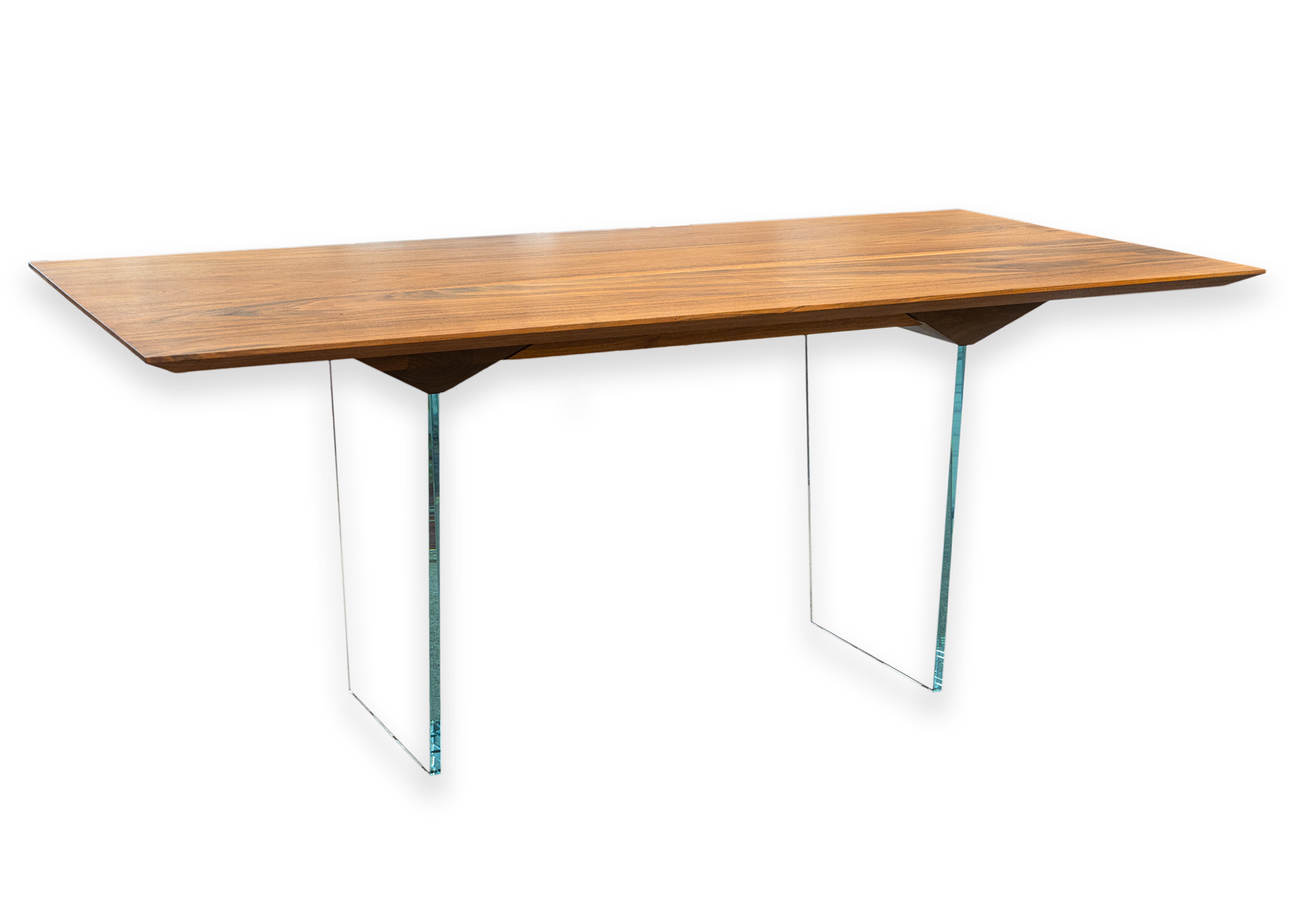 John Ford Custom Made Contemporary Modern Glass Base Slab Wood Desk For Sale 2