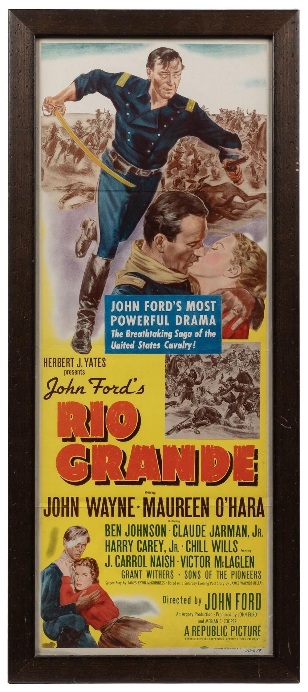 Viene presentata una locandina originale del film Rio Grande di John Ford. Rio Grande è un film western romantico americano del 1950 diretto da John Ford e interpretato da John Wayne e Maureen O'Hara. Film della Republic Pictures, questo è il terzo