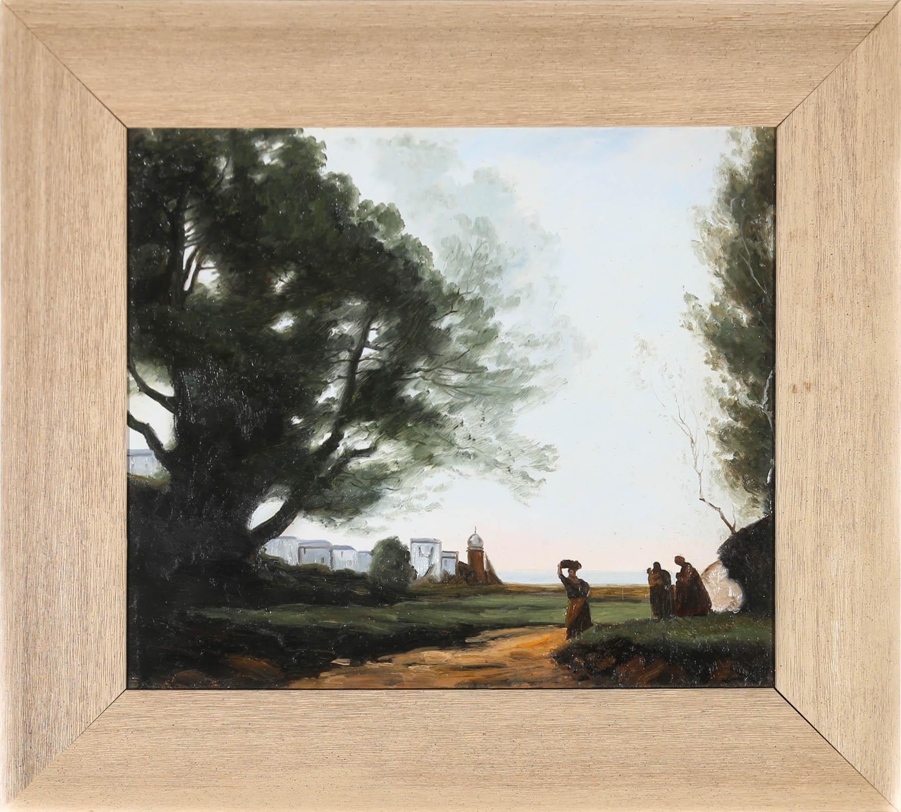 An original acrylic by John Foulger (1943-2007), depicting an eastern scene in the manner of admired french artist Jean-Baptiste-Camille Corot. Smartly mounted in a wide and textured wood frame. Unsigned. On canvas laid to board. 