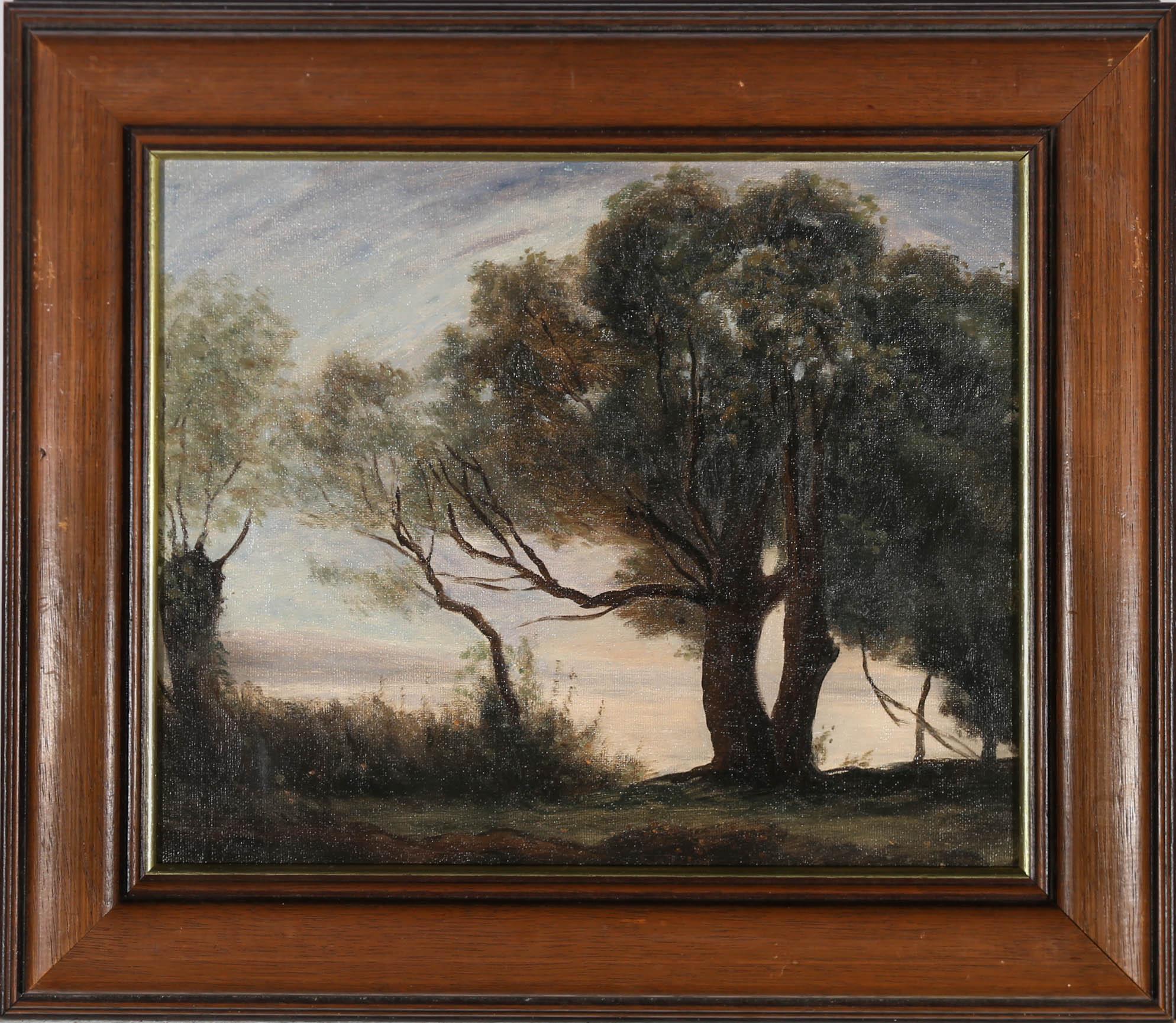 In the manner of Jean-Baptiste-Camille Corot's- this original painting by John Foulger (1943-2007) depicts softly painted trees with a distant view. Beautifully mounted in an attractive wood frame with gilt. Unsigned. On canvas board.