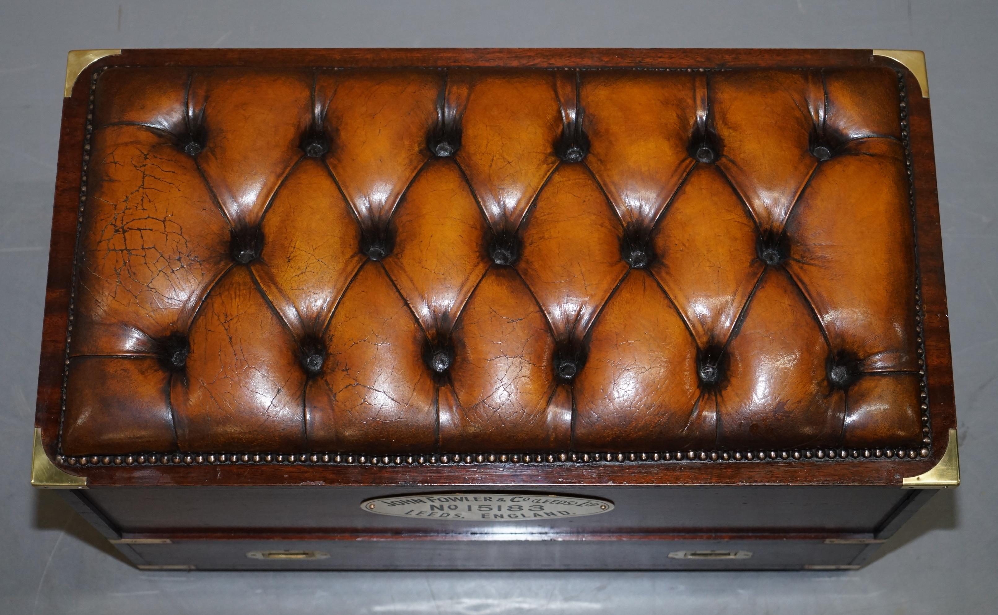 English John Fowler Steam Train Chesterfield Brown Leather Miltary Campaign Trunk Bench