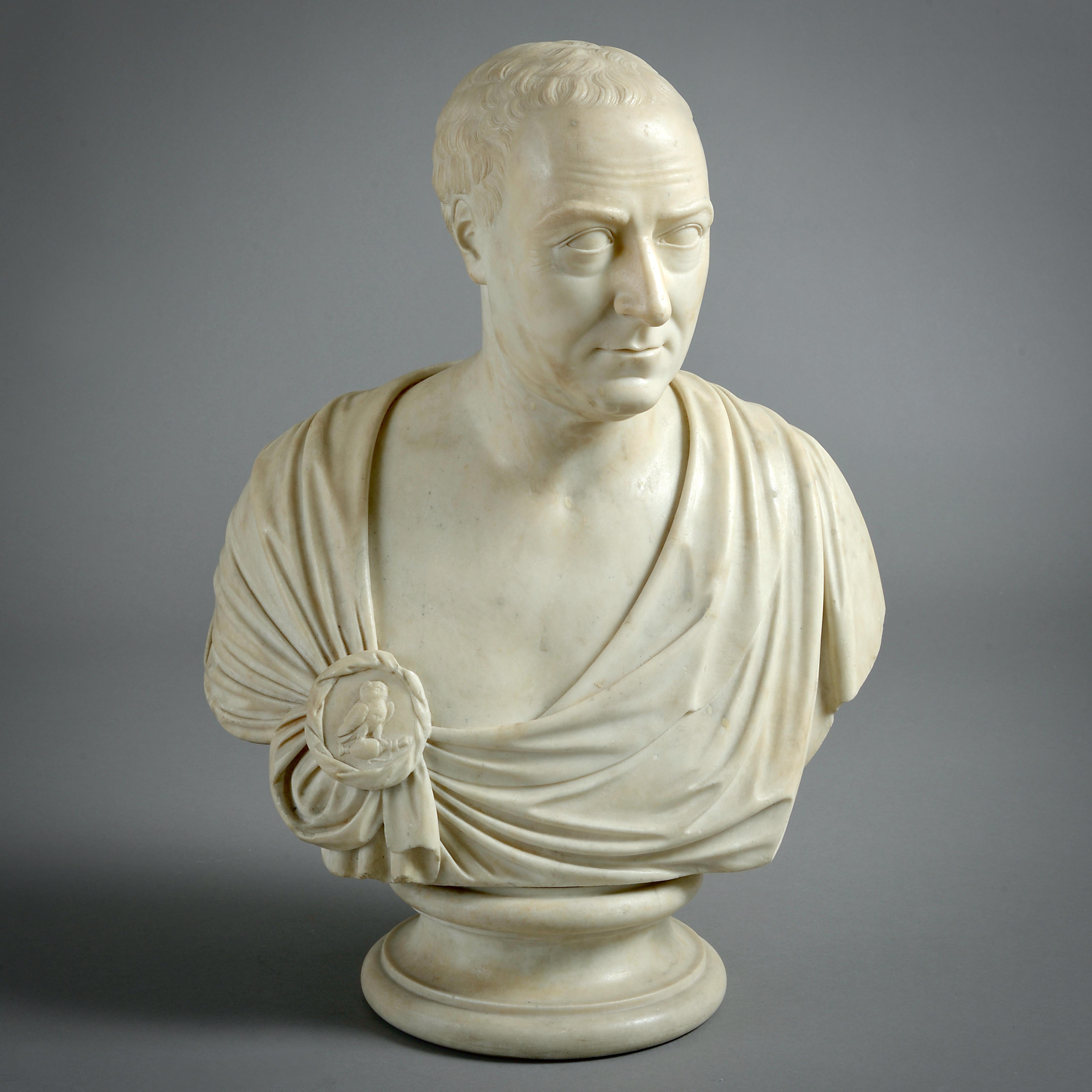 JOHN FRANCIS MOORE (D. 1809)

A STATUARY MARBLE BUST OF THE RT. HON. CHARLES WOLFRAM CORNWALL (1735-1789), SPEAKER OF THE HOUSE OF COMMONS, LAST QUARTER OF THE 18TH CENTURY.

Signed I:F:Moore, Fect.

The Rt. Hon. Charles Wolfran Cornwall (1735-1789)