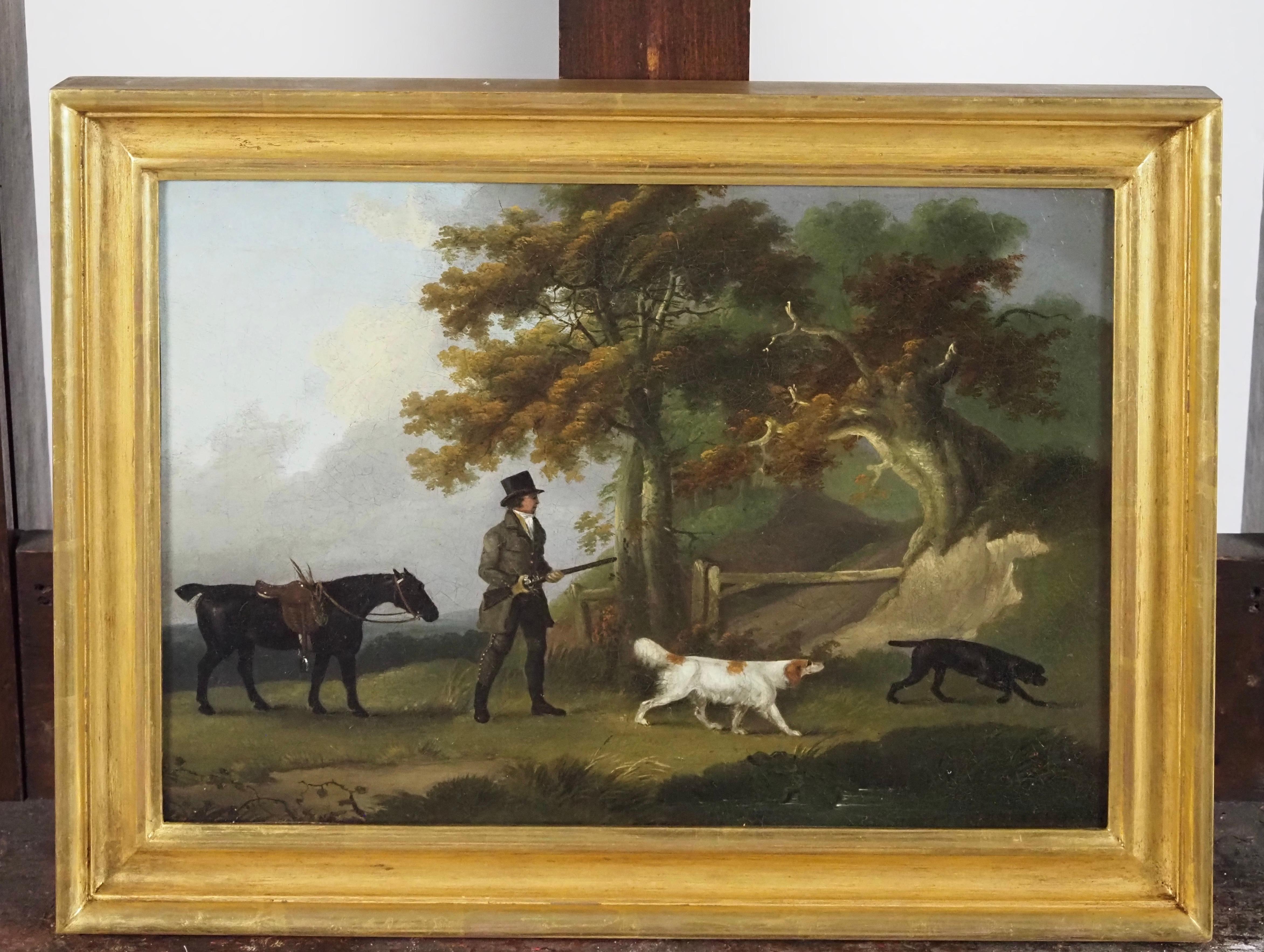 A Gentleman shooting in a landscape with a horse and spaniels - Old Masters Painting by John Francis Sartorius