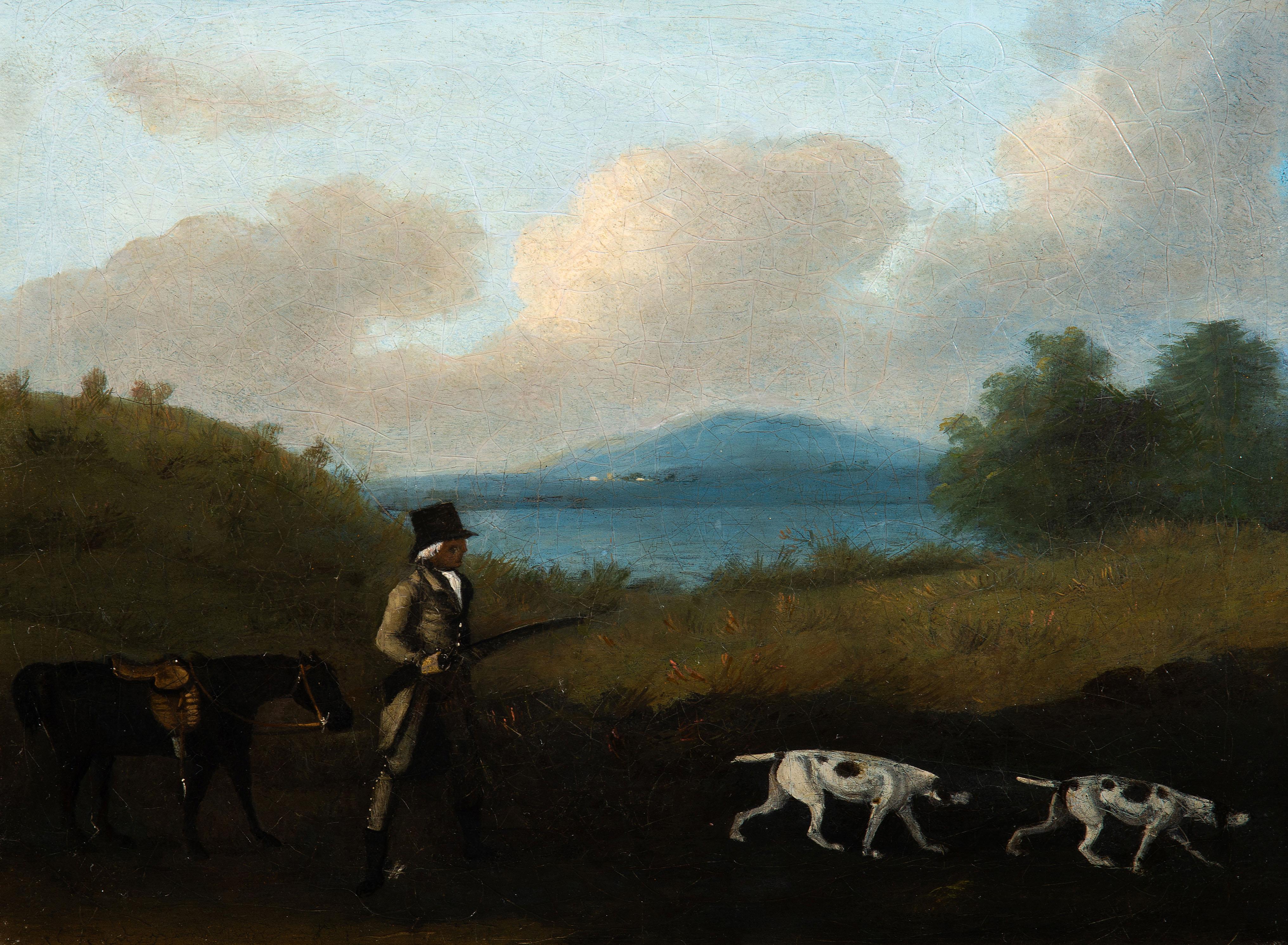 A Gentleman shooting in a landscape with a horse and spaniels - Brown Landscape Painting by John Francis Sartorius