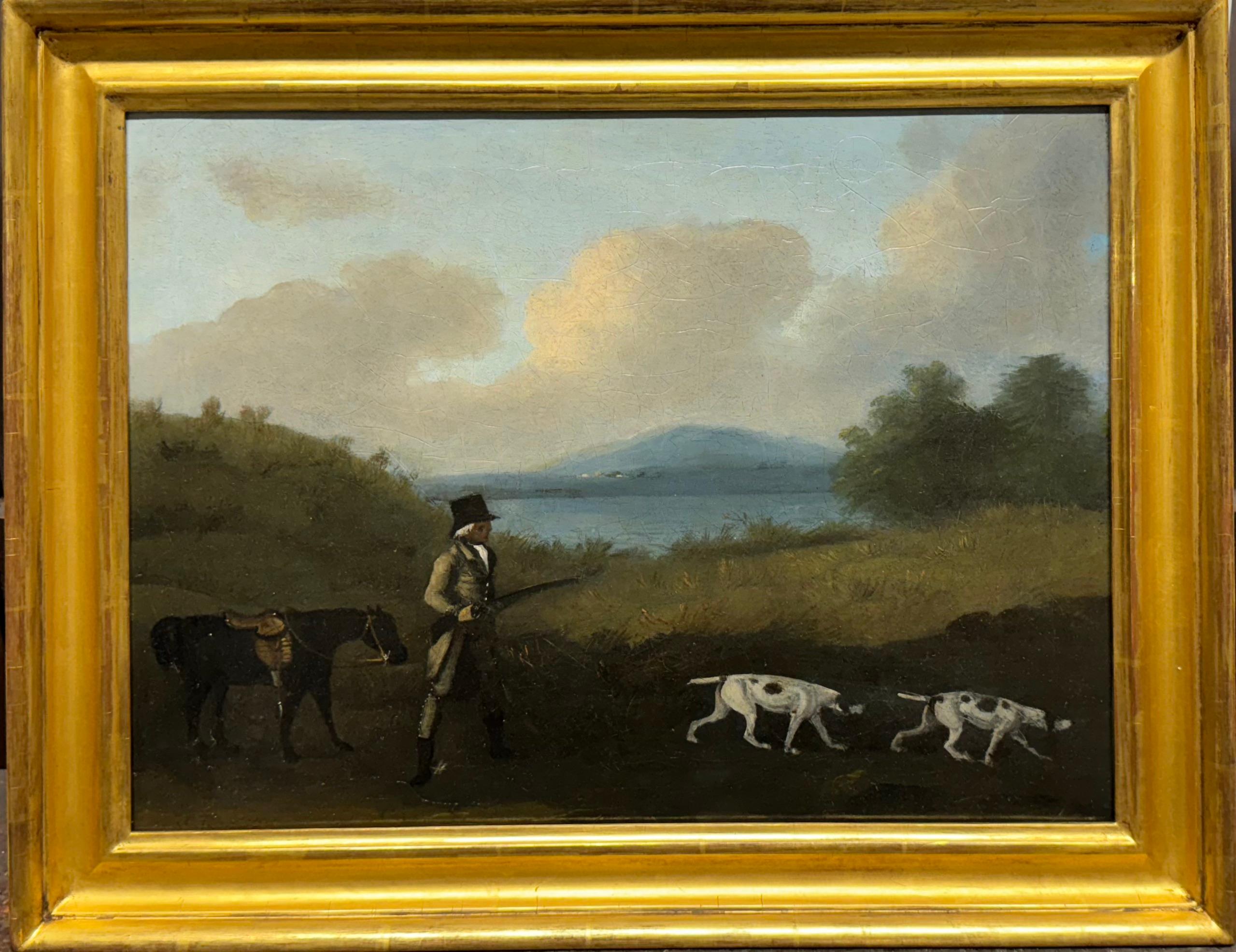 A Gentleman shooting in a landscape with a horse and spaniels - Old Masters Painting by John Francis Sartorius