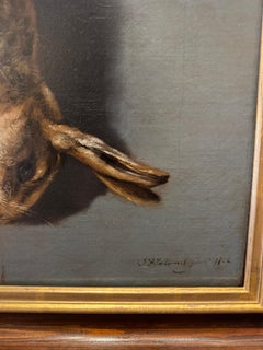 Natura morta di una lepre appesa a un chiodo firmata J F Sartorius pinxit 1800