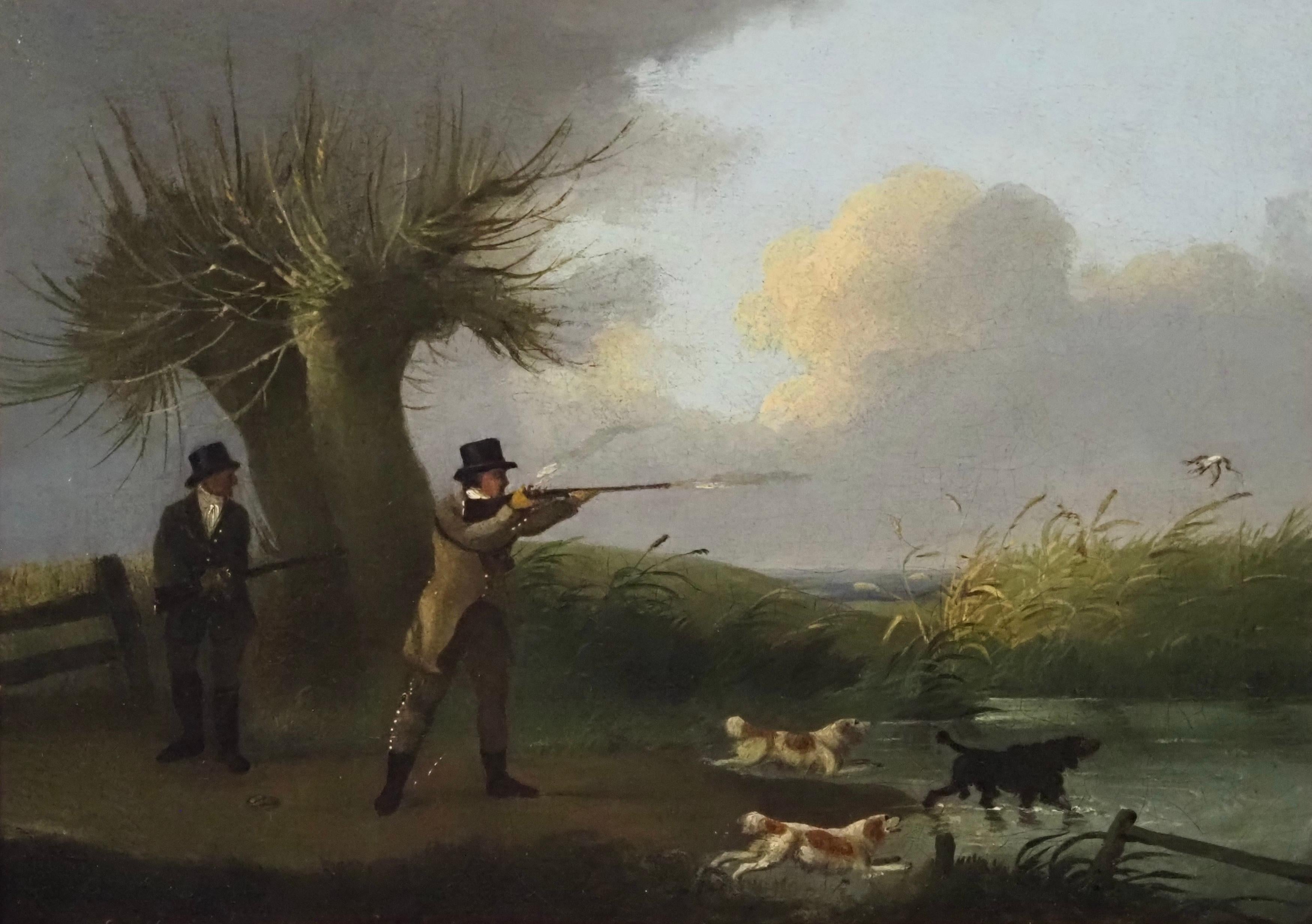 Two Gentleman duck shooting over spaniels - Painting by John Francis Sartorius