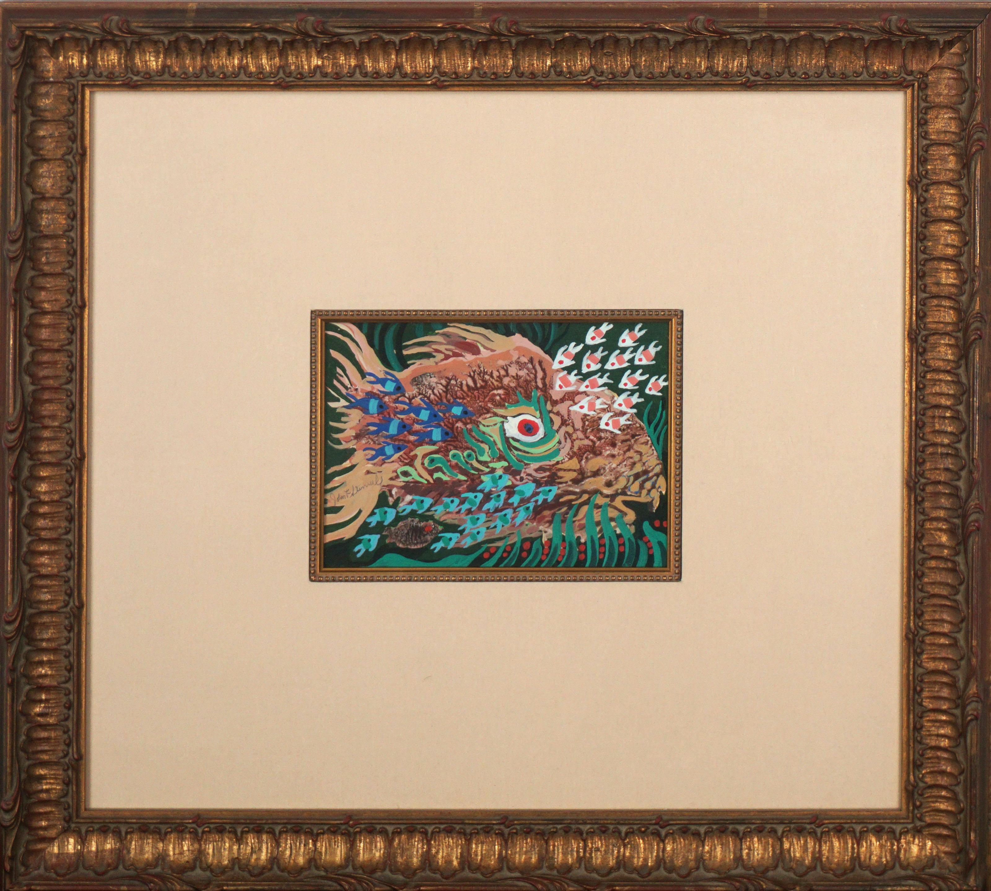 Figuratif abstrait à petite échelle - Grand poisson, petit poisson, récif corail - Painting de John Francis Stenvall
