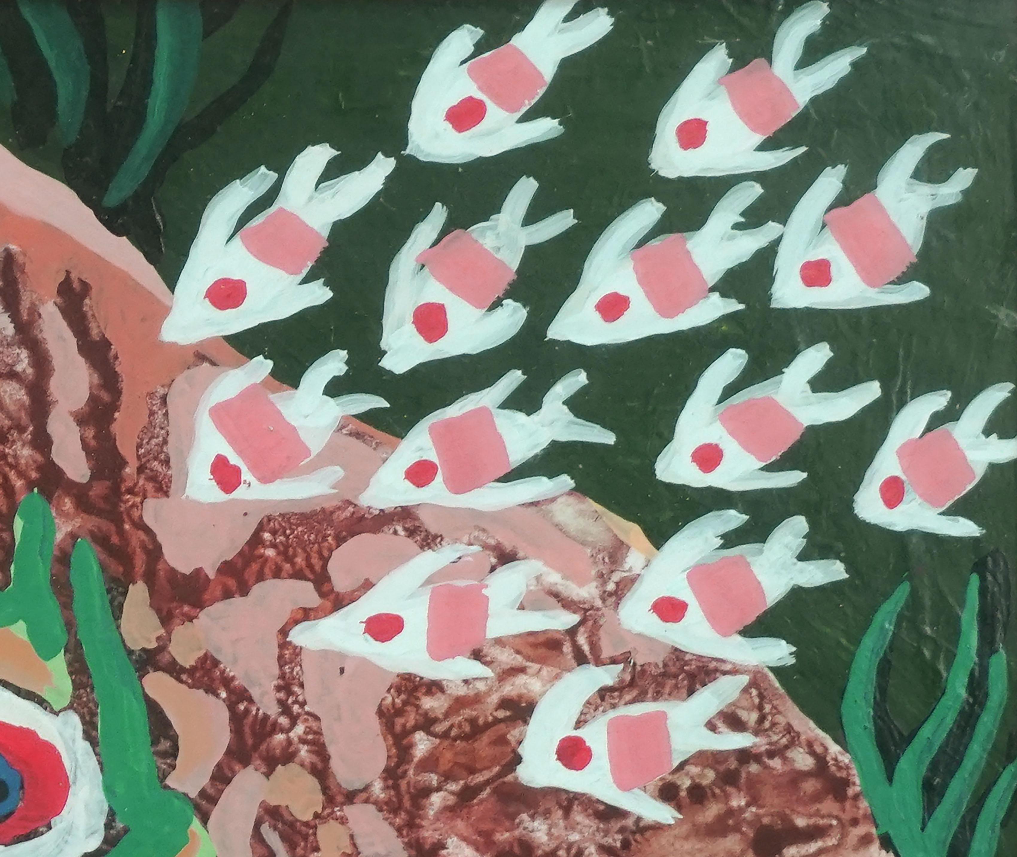 Figurative vibrante de poissons abstraits dans un récif corallien par John Stenvall (américain, 1907- 1998), vers 1990. Signé bord gauche. Présenté dans un cadre doré sous verre. Taille de l'image : 6 