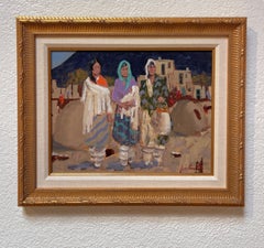 "Taos Sketch" - Expressionist Landscape and Female Figures, Oil Painting