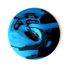 Blue round steel mirror plate by John Franzen 120 cm Ø "Creation is destruction"