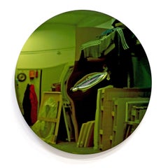 Green round steel mirror plate by John Franzen 100 cm Ø with Ax cut