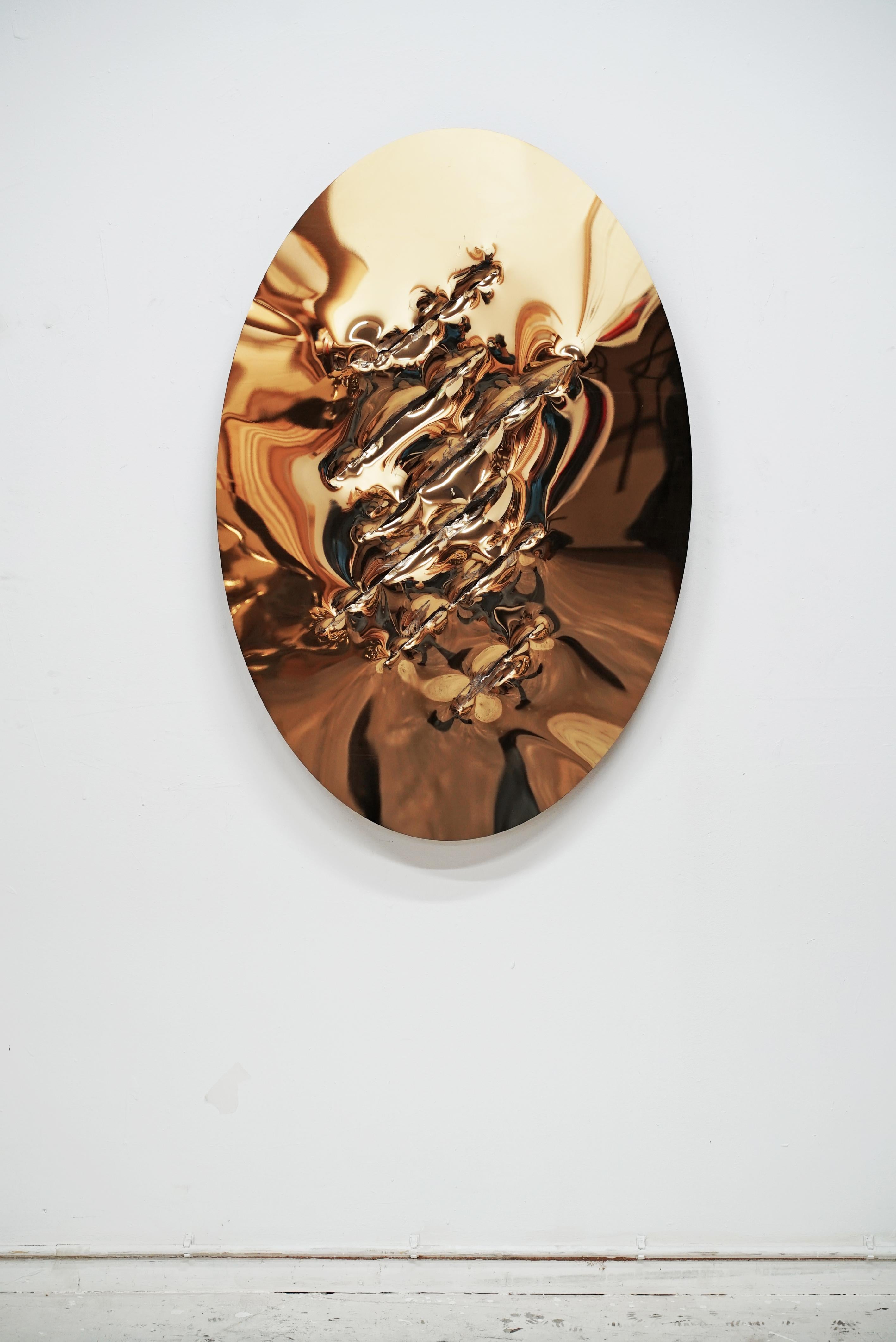 Shiny oval steel artwork with golden mirrored surface with ax cuts 120 x 60 cm - Sculpture by John Franzen