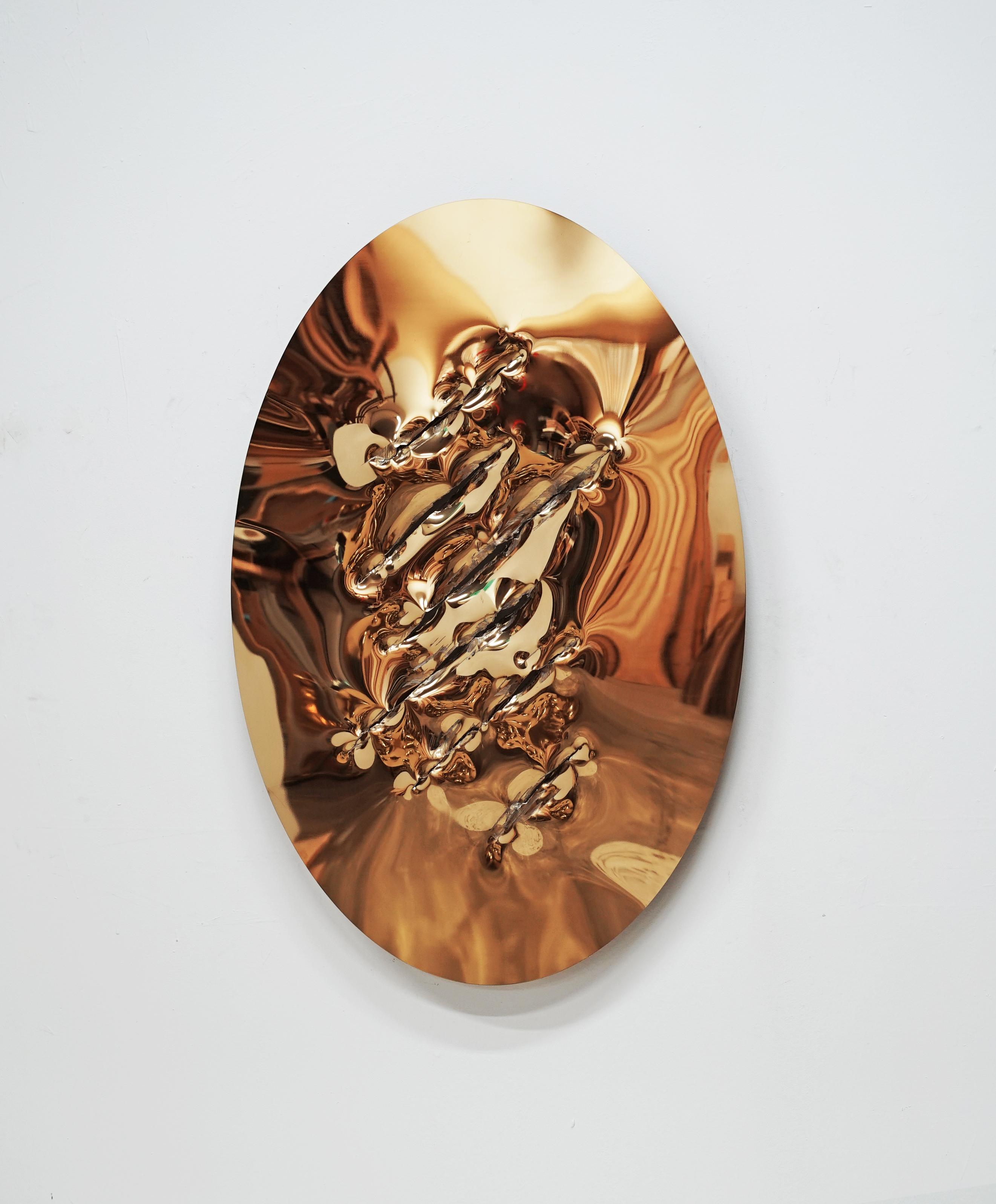 John Franzen Abstract Sculpture - Shiny oval steel artwork with golden mirrored surface with ax cuts 120 x 60 cm
