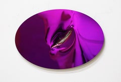 Shiny oval steel artwork with pink mirrored surface 42 x 63 cm