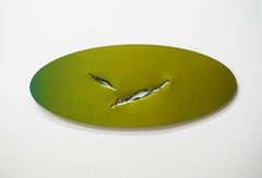 Shiny oval steel artwork with yellow green mirrored surface 48 x 120 cm