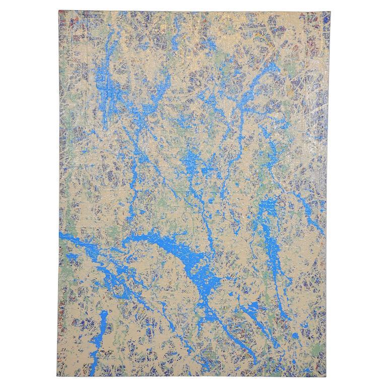 Striking acrylic on canvas painting by contemporary artist John Frates (b.1943). Inspired by Jackson Pollock and painted in the Mid-Century abstract expressionist style, the work of art exhibits vibrant light blue, cream and green colors. Signed,