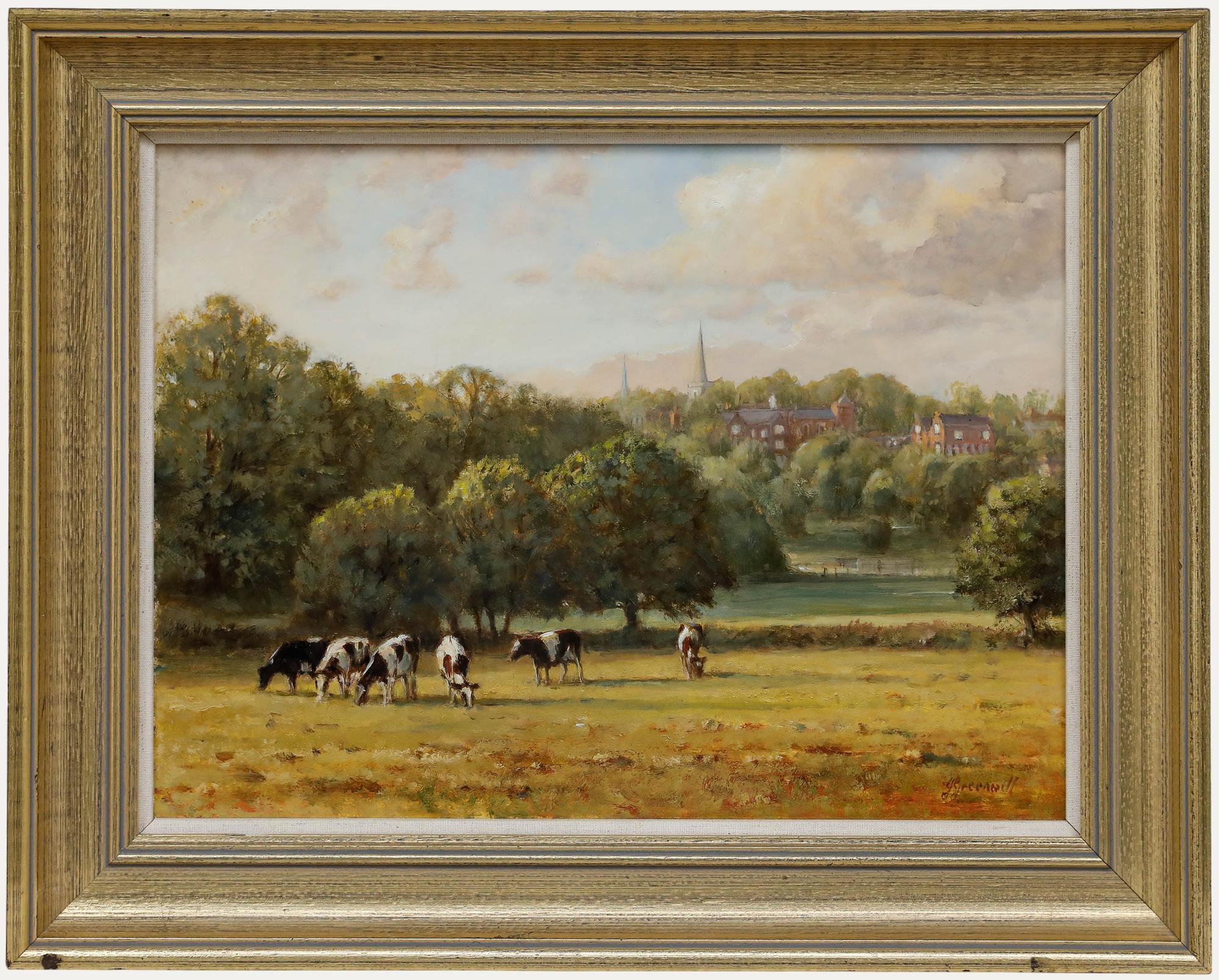 This pastoral landscape painting depicts a serene meadow in Harrow-on-the-Hill with black and white cattle grazing in a golden meadow, framed by green trees and rolling hills. The composition draws the viewer's eye across the foreground pasture
