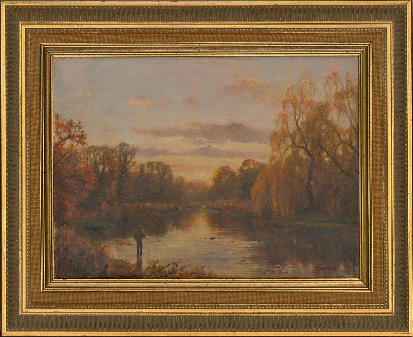 A tranquil oil painting by artist John F Greenwell, depicting an angler fishing at sunset on the River Gade, Buckinghamshire. The landscape is full of warm tones and autumnal colours reflected in the water. Signed to the lower right-hand corner.