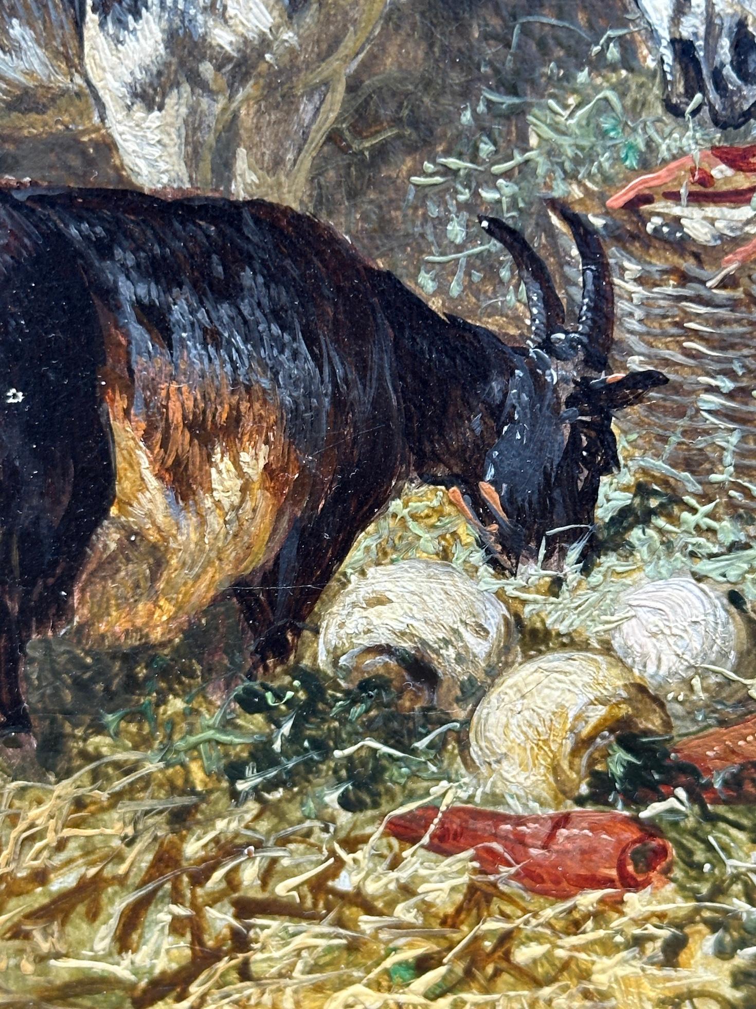 Corral inglés del siglo XIX, gallinas, caballo, burro y cabras en un paisaje en venta 6