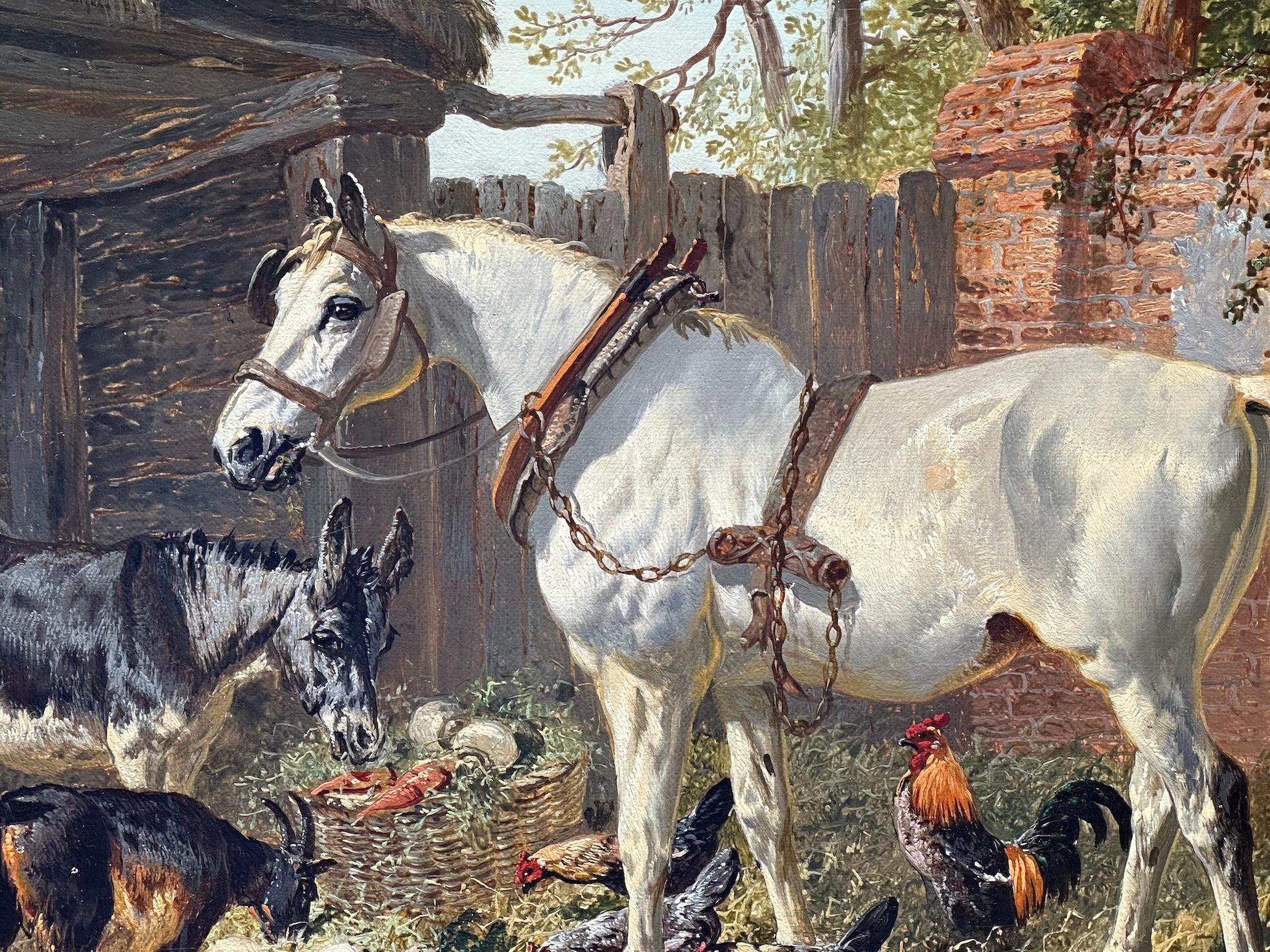 Corral inglés del siglo XIX, gallinas, caballo, burro y cabras en un paisaje en venta 8